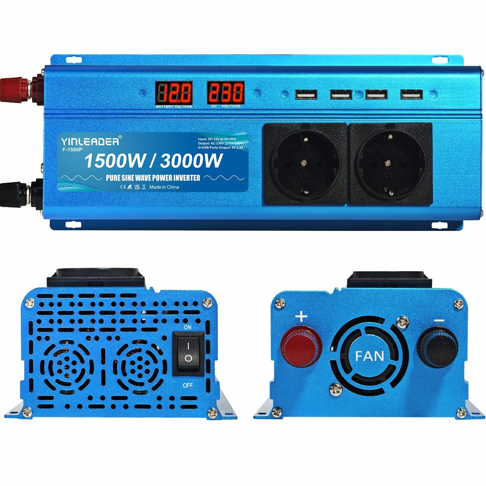 Yinleader 1500W 3000W Pure Sine Wave Power Inverter DC 12V to AC 220V 230V with 2 AC Outlets 4 USB Ports for Car Truck Camper