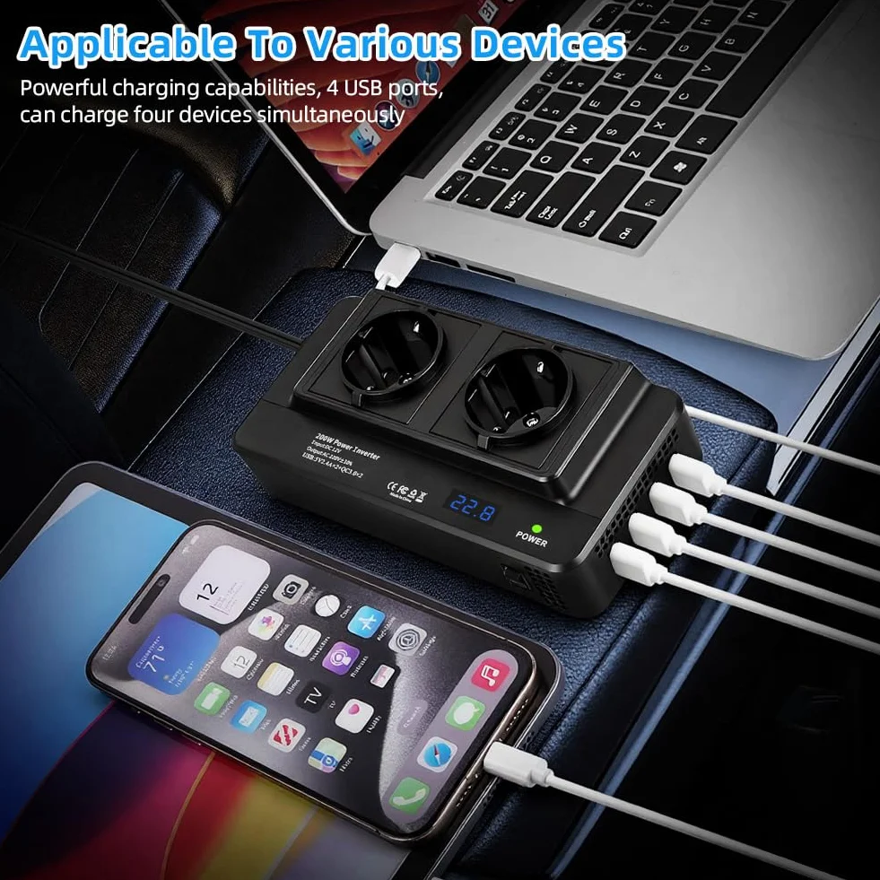 Inverter Auto 12V-220V 200W Convertitore di Tensione con 2 Prese CA e 4 Porte USB Display Digitale