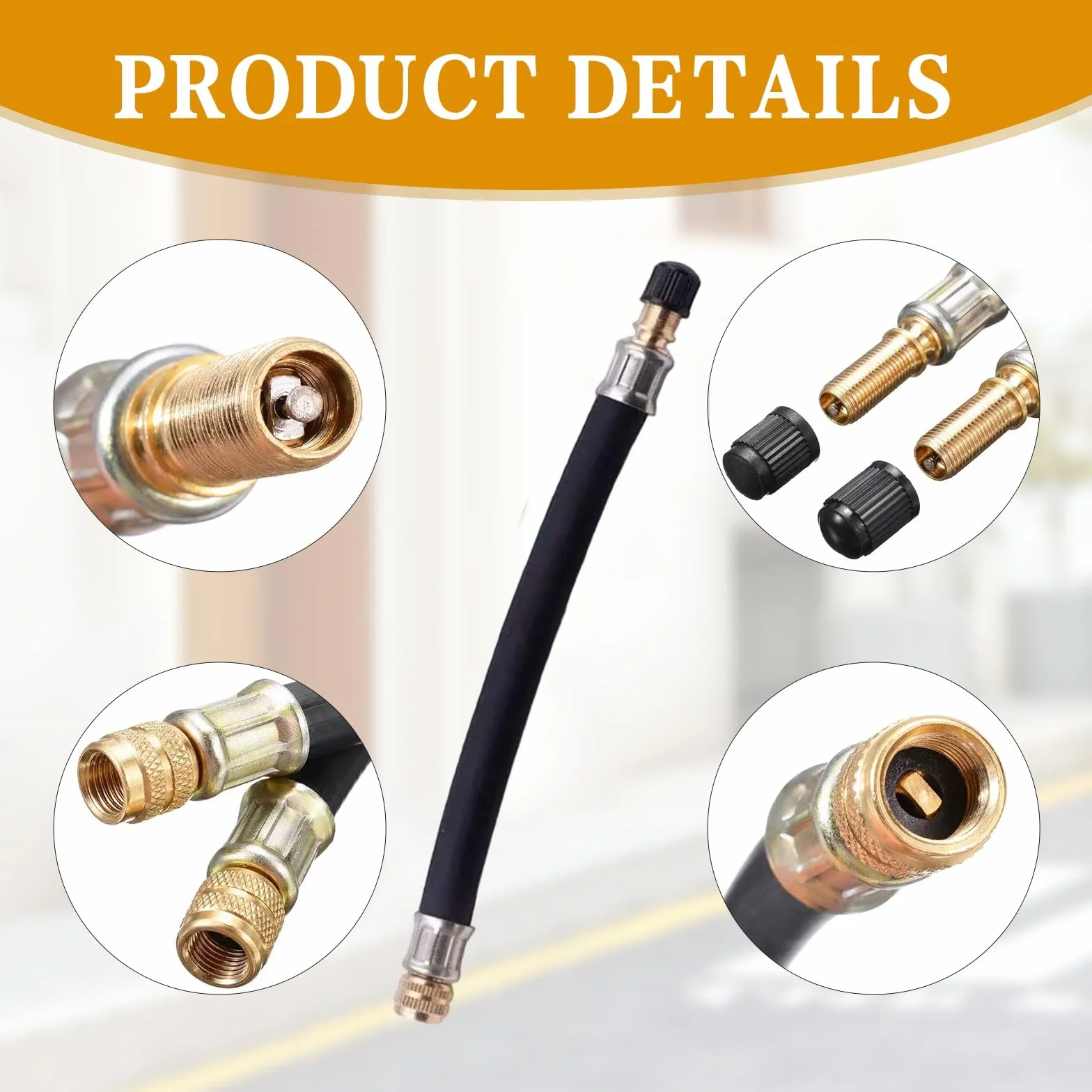 Kit Gonfiaggio Pneumatici Auto, 5 Pezzi Prolunga Valvola Pneumatici Set, Adattatori Valvola Gradi con Tubi di Prolunga in Gomma