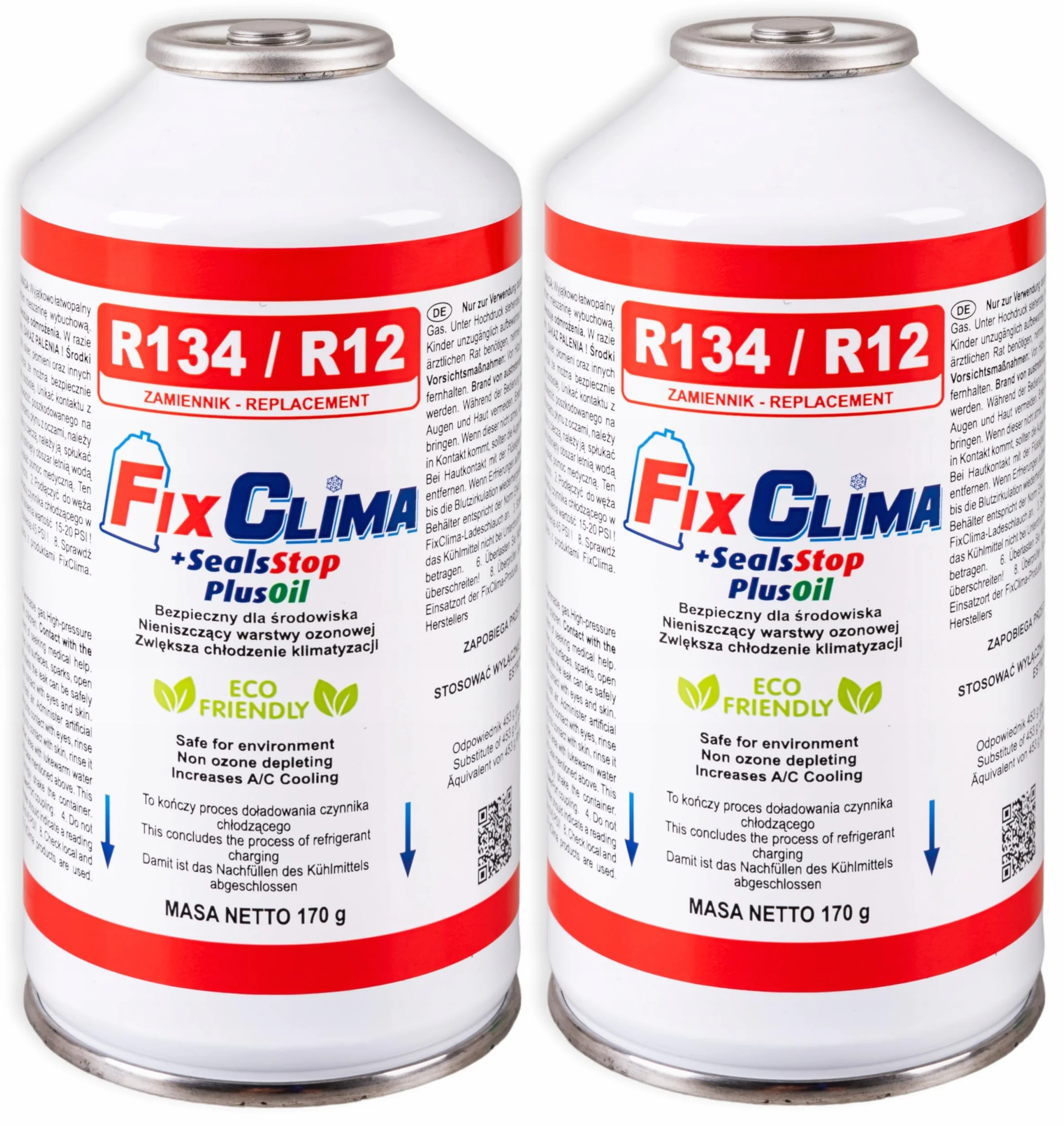 FixClima R134A SealsStop + PlusOil - Gas di riempimento per aria condizionata per auto 1994-2016, con tubo, sigillante 3 in 1 e adattatore, confezione doppia