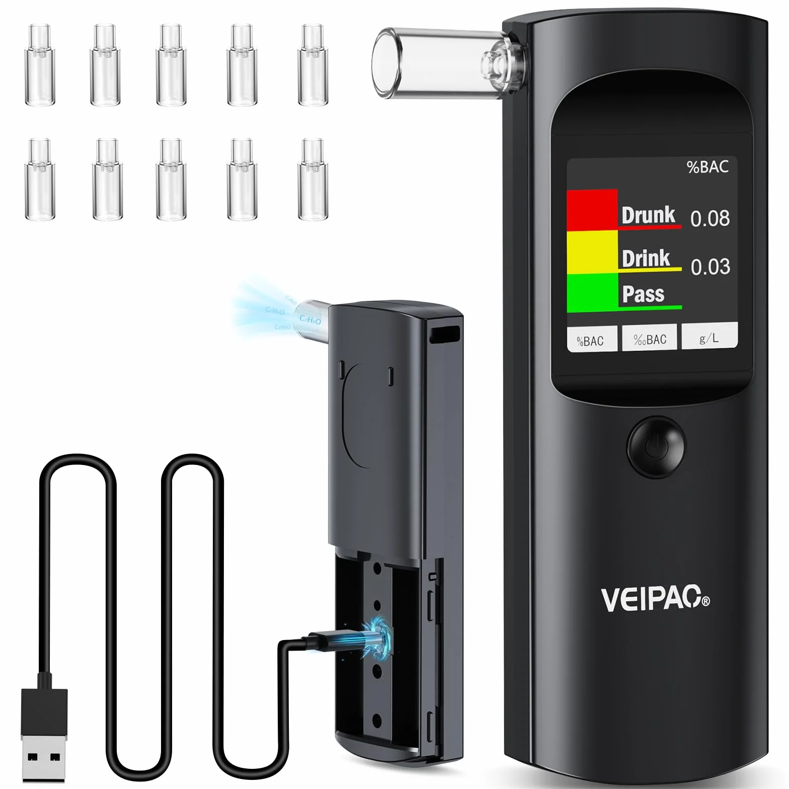 Etilometro Portatile Certificato Alcol Test Professionale Italiano con 11 Boccagli Schermo LCD Digitale Alta Precisione Nero