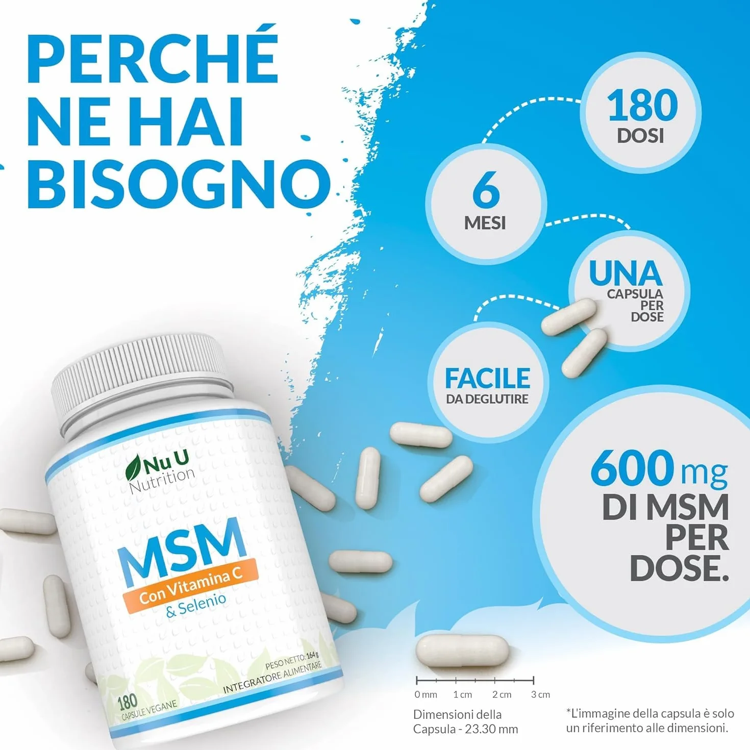 Nu U Nutrition MSM Puro Vitamina C & Selenio 180 Capsule Vegane 600mg Integratore Metilsulfonilmetano