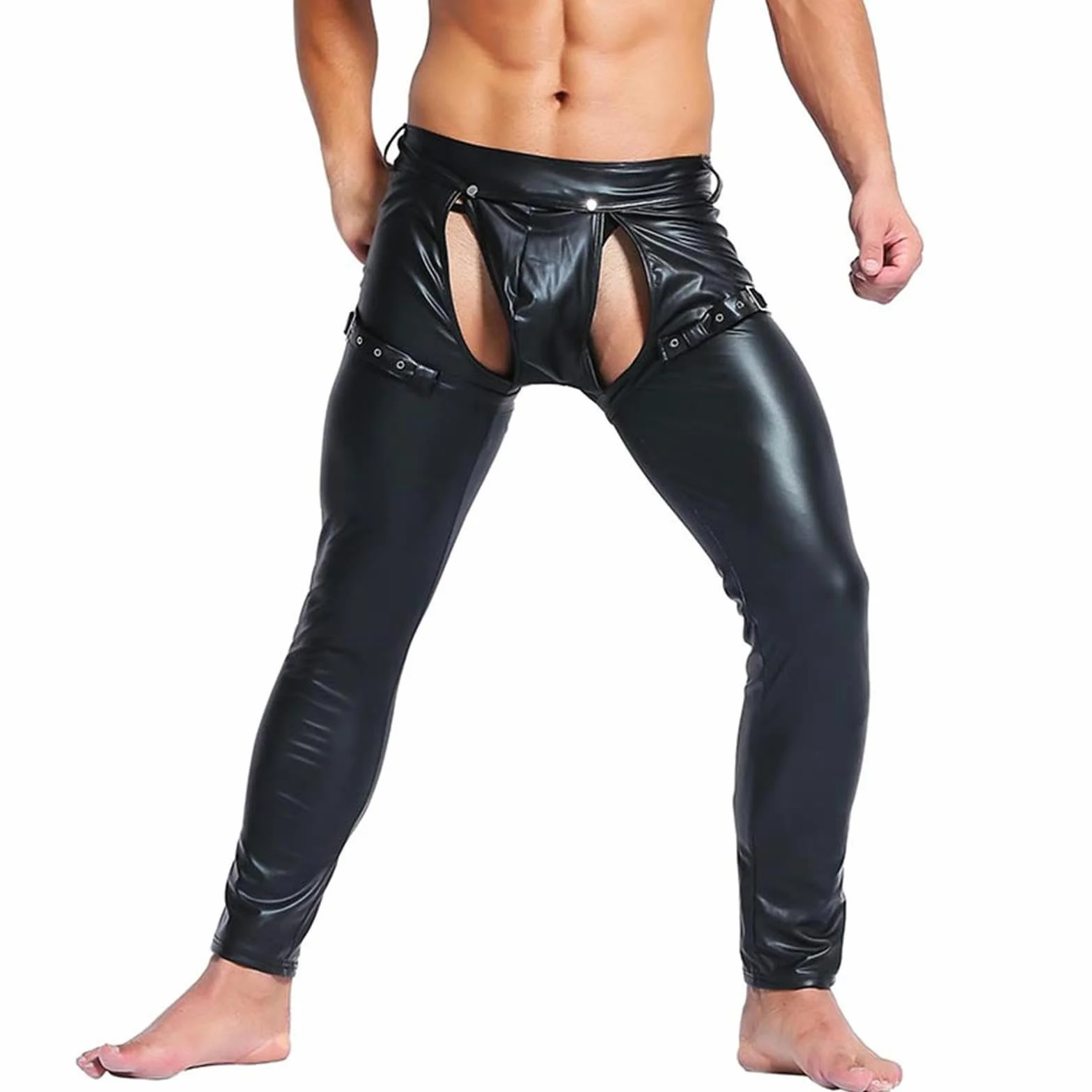 VOIV Pantaloni in Pelle Sintetica da Uomo Nero Aperto sul Davanti Discoteca Clubwear
