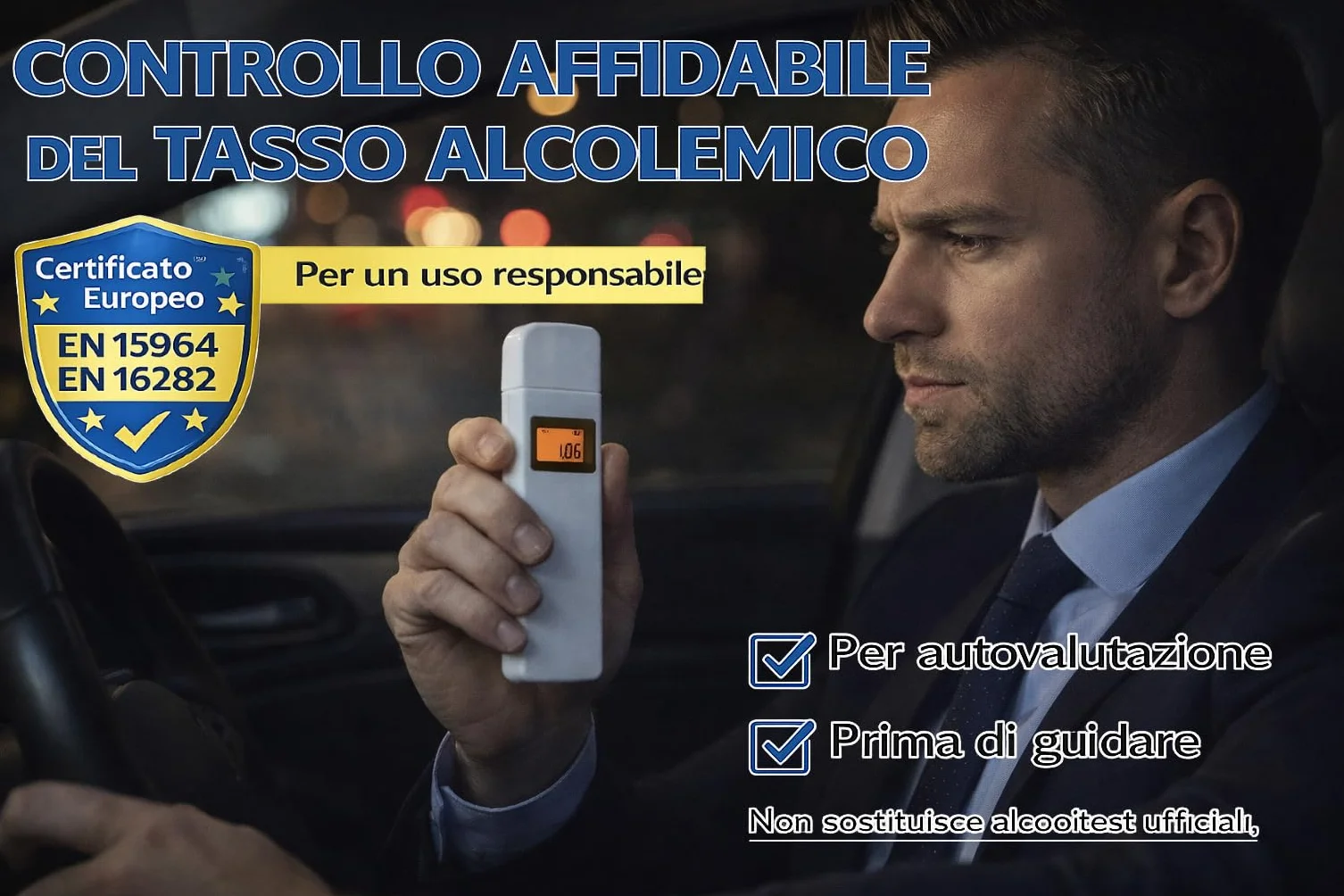 Generico Etilometro Professionale Certificato EN 15964 EN 16282 Alcol Test Digitale Preciso Sensore Display LCD