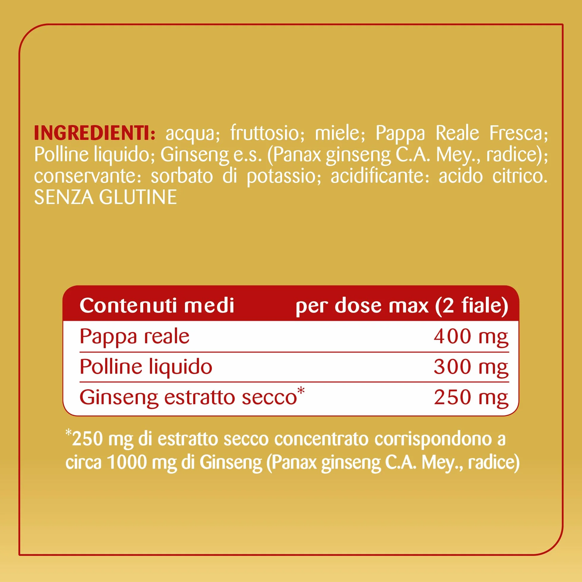 Pappa Reale Ginseng e Polline Tonico Fisico e Mentale Integratore Alimentare Senza Glutine 8 Fiale 10 ml
