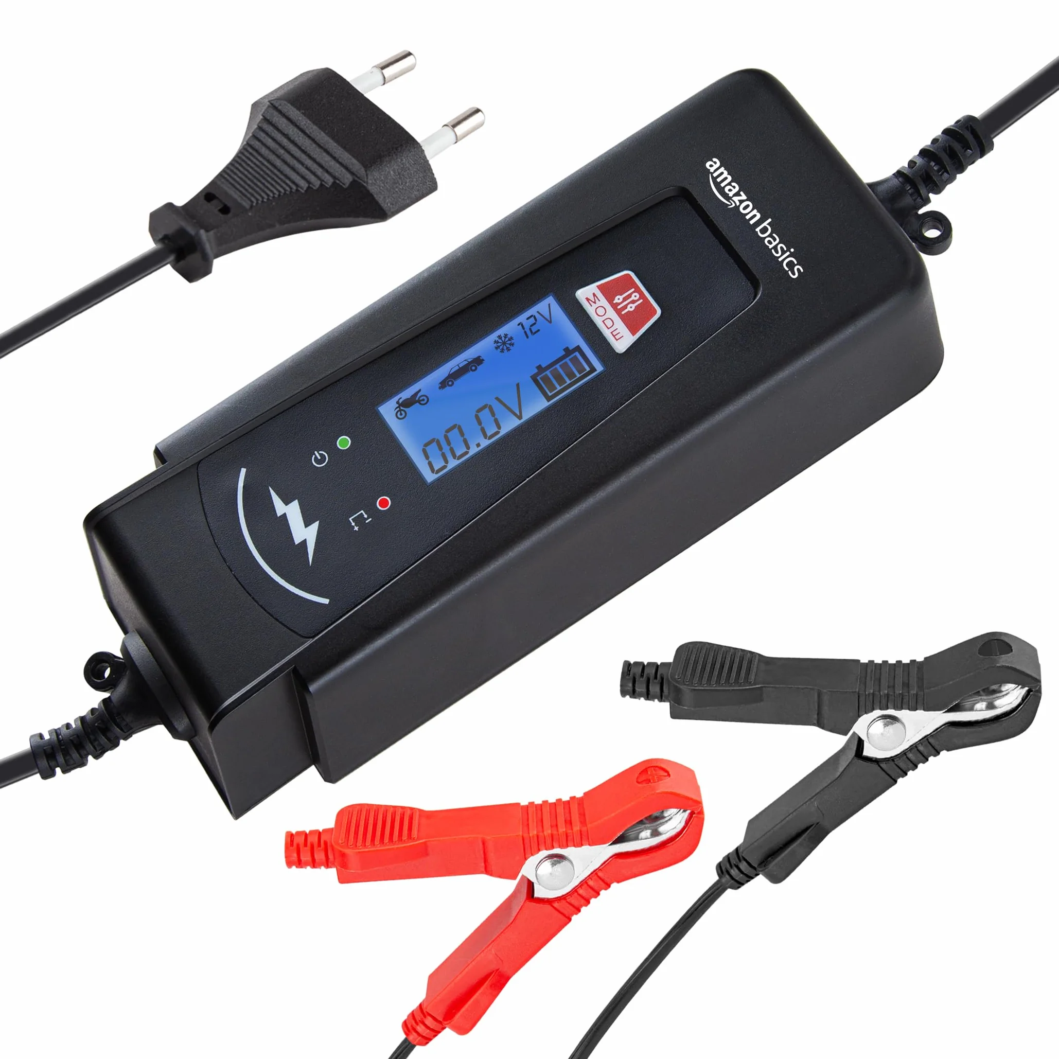 Amazon Basics Caricabatterie automatico intelligente 6V/12V 2A/4A tester batteria presa EU Nero