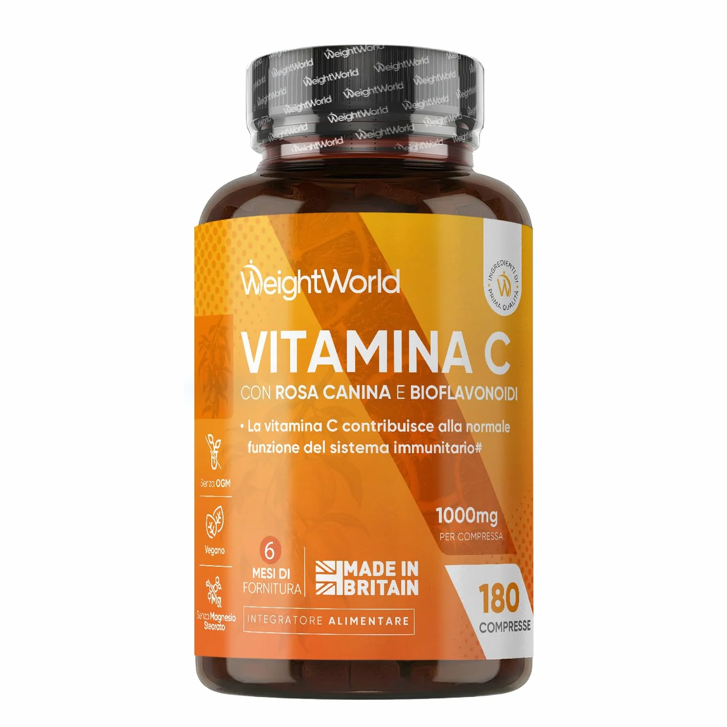 Vitamina C 1000mg Vegana con Rosa Canina 180 Compresse Integratore Acido Ascorbico Bioflavonoidi
