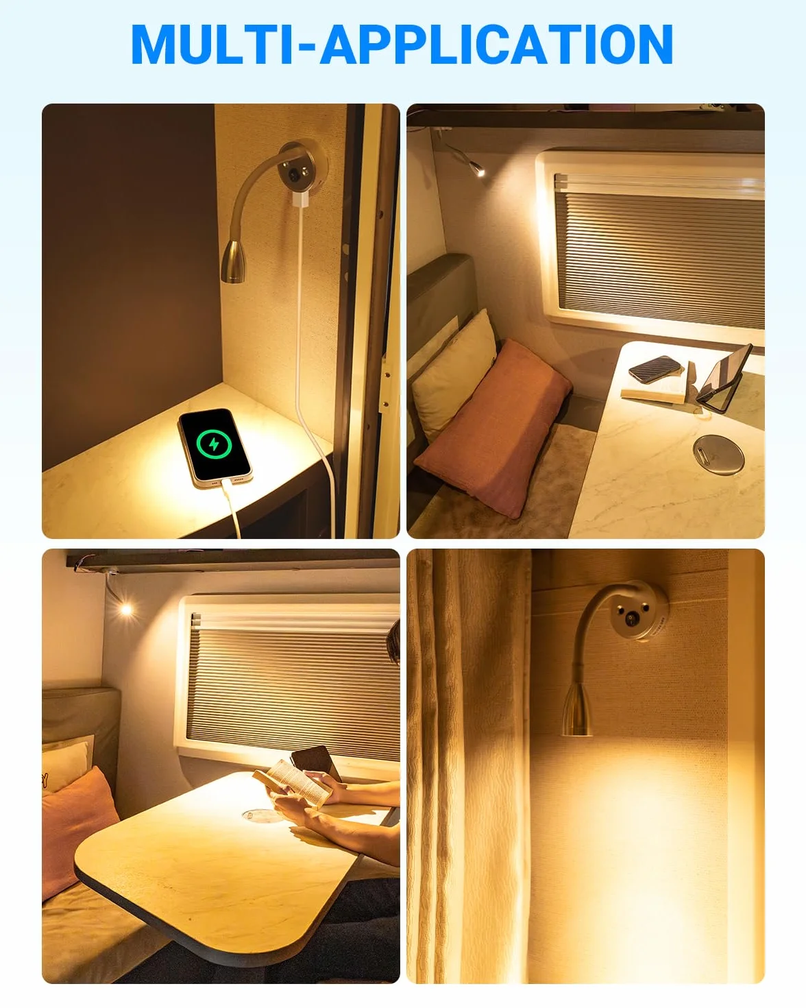 SUPAREE Luce da lettura a LED 12 V 3000 K con porta USB e collo d'oca flessibile 2 pezzi
