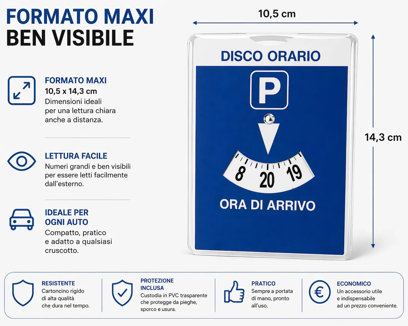 Disco Orario Auto Maxi 10,5x14,3 cm – Disco Parcheggio Cartoncino con Custodia PVC