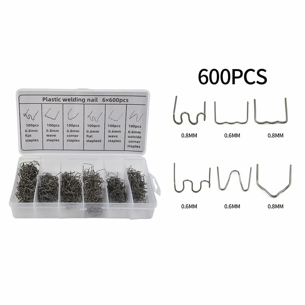 KiraKira 304 - Graffette per saldatura in acciaio inox e plastica, 600 pezzi, ricariche per riparazione paraurti auto, 6 tipi da 0,6 mm, 0,8 mm, assortiti