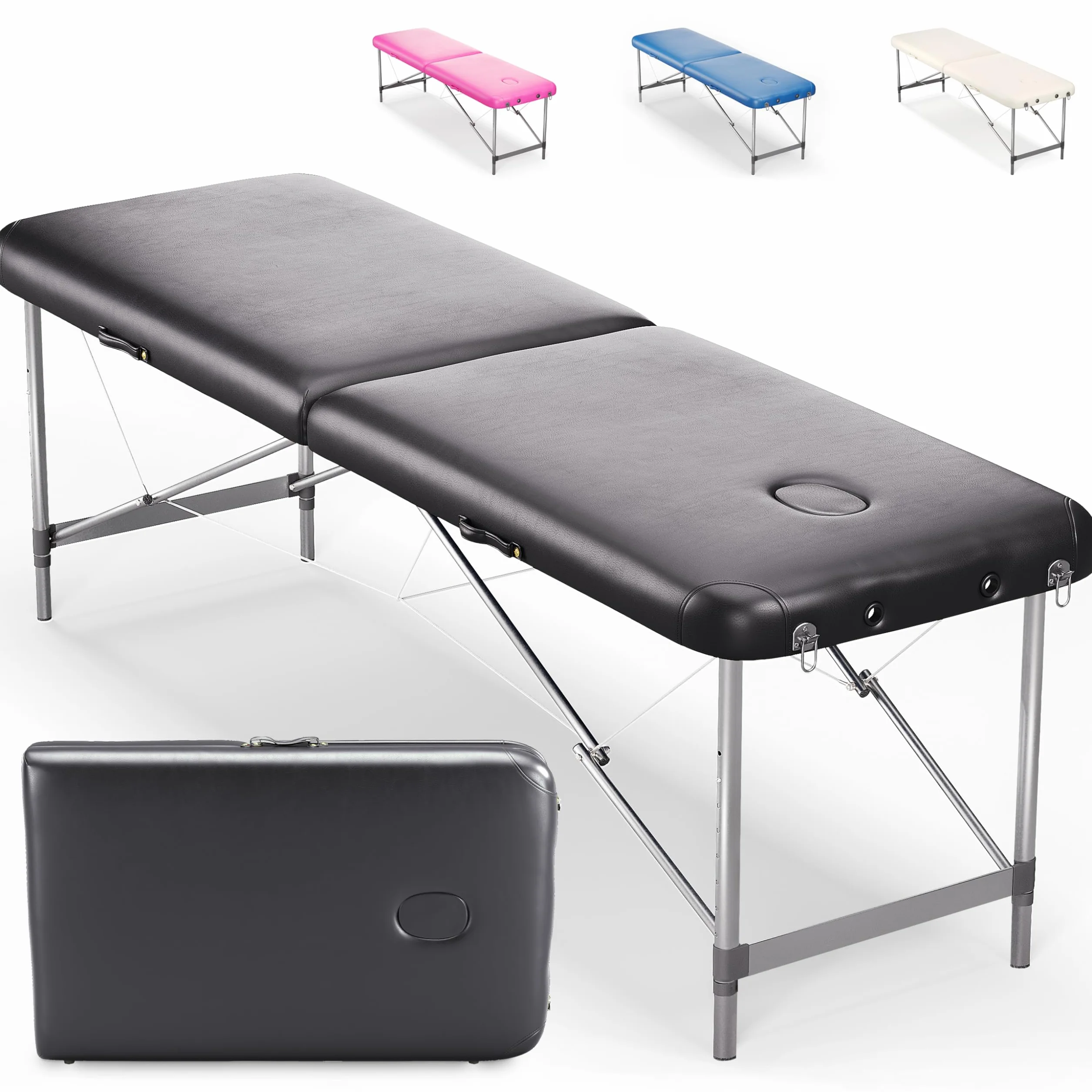 Beltom Lettino da Massaggio 2 Zone in Alluminio 185x60 cm Portatile 11 kg Nero
