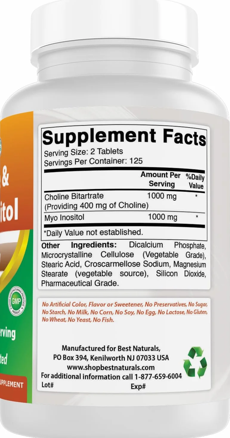 Best Naturals Inositolo di colina 2000 mg 250 compresse Non OGM senza glutine