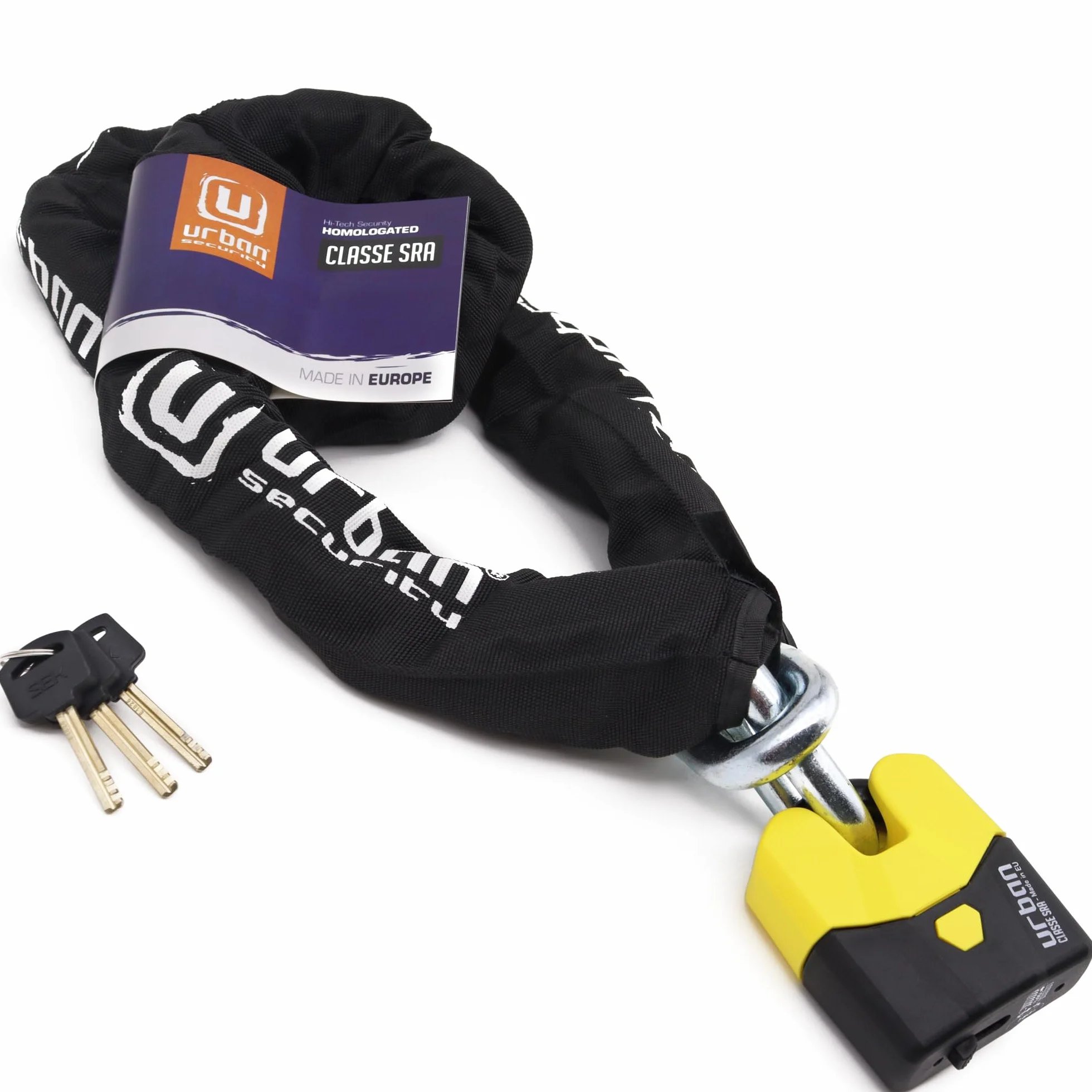 URBAN U8K150 Antifurto Moto, Catena Antitaglio Omologata SRA Massima Sicurezza, Acciaio Cementato ø15mm, Lucchetto Antiscasso, Fodera Tessile, Catenaccio per Ancoraggio Scooter Bici Elettrica, 150cm