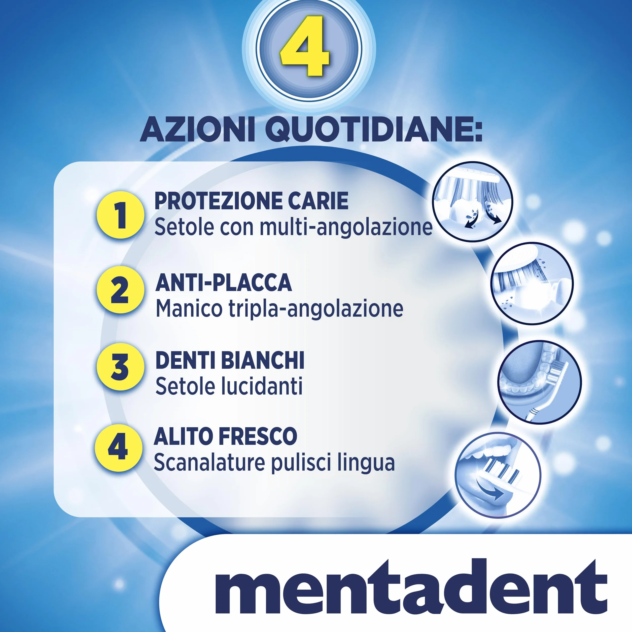 Mentadent Protezione Famiglia 4 Spazzolini Setole Medie Multi-angolazione Manico Tripla Angolazione Setole Lucidanti Pulisci-lingua Morbido