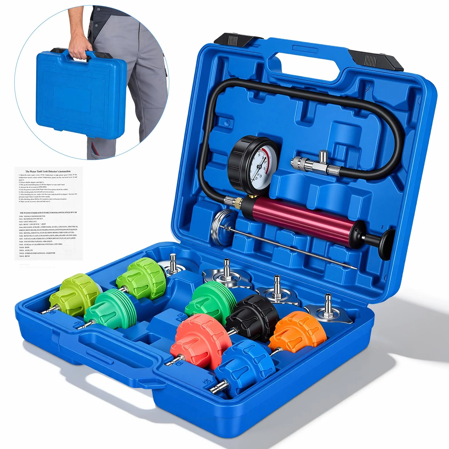 Tester Per Sistema Raffreddamento, 15 PCS Attrezzi Auto Tester 4 Adattatori Metallici 8 Tappi Prova Pompa Liquido Raffreddamento Rilevatore Perdite Serbatoio Dell'acqua Adatto Alla Maggior Parte Auto