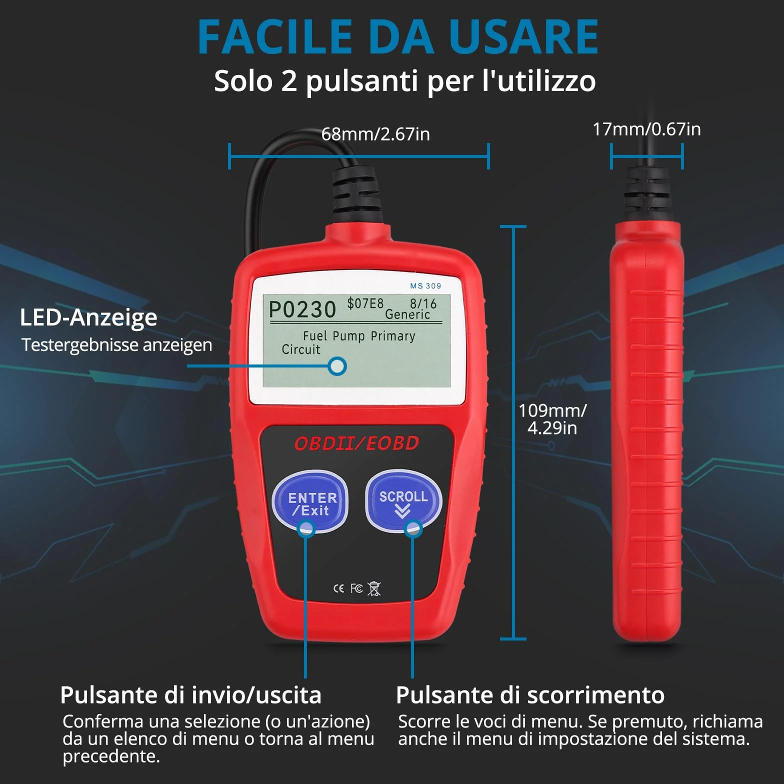 AUTOUTLET OBD2 OBDII Diagnostico Scanner per Auto con Lettura Codici DTC e 10 Lingue