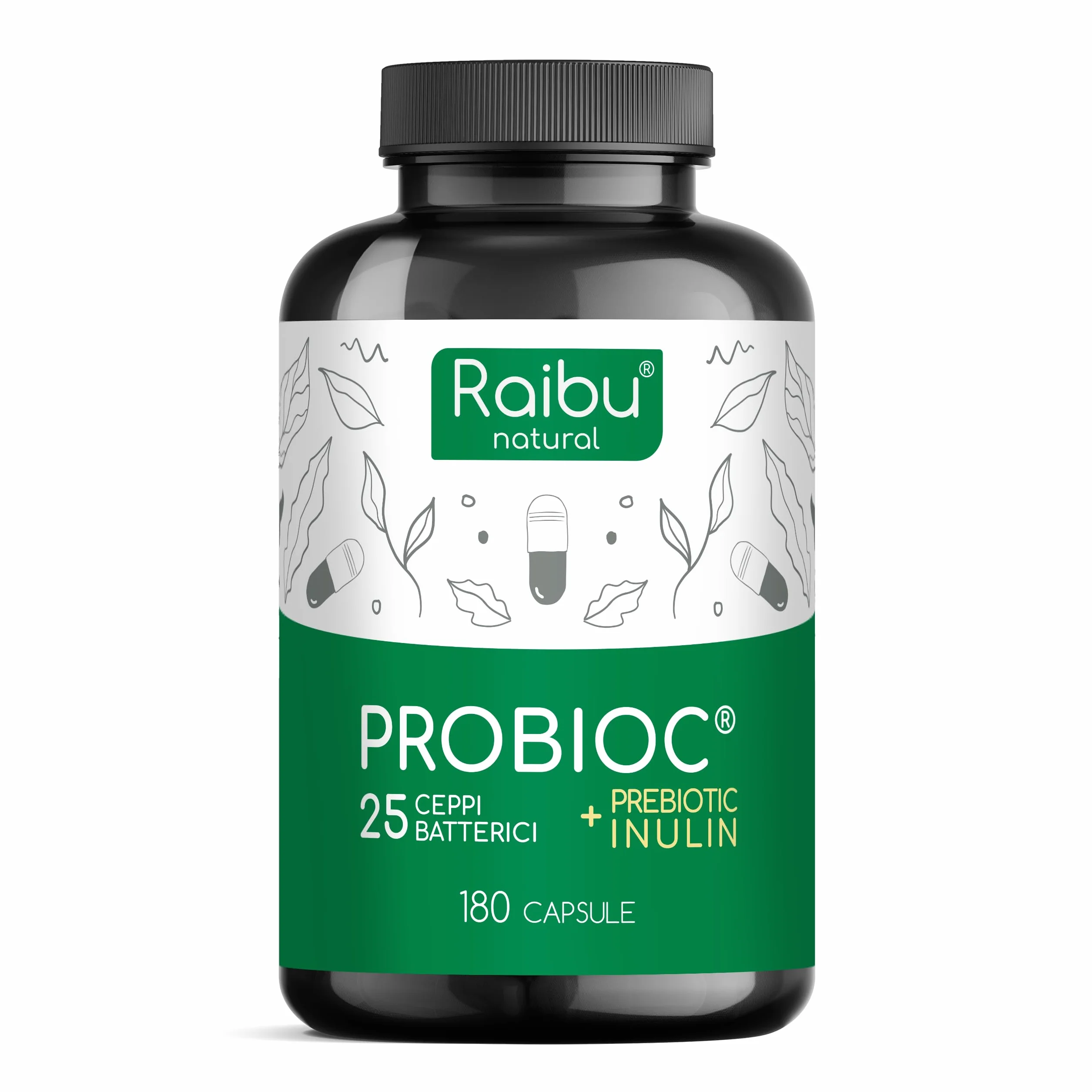 Probiotici Fermenti Lattici 180 Capsule 25 Ceppi 60 Miliardi UFC Inulina Resistenti Succhi Gastrici Alta Dosaggio Lactobacillus Bifidobatteri Raibu