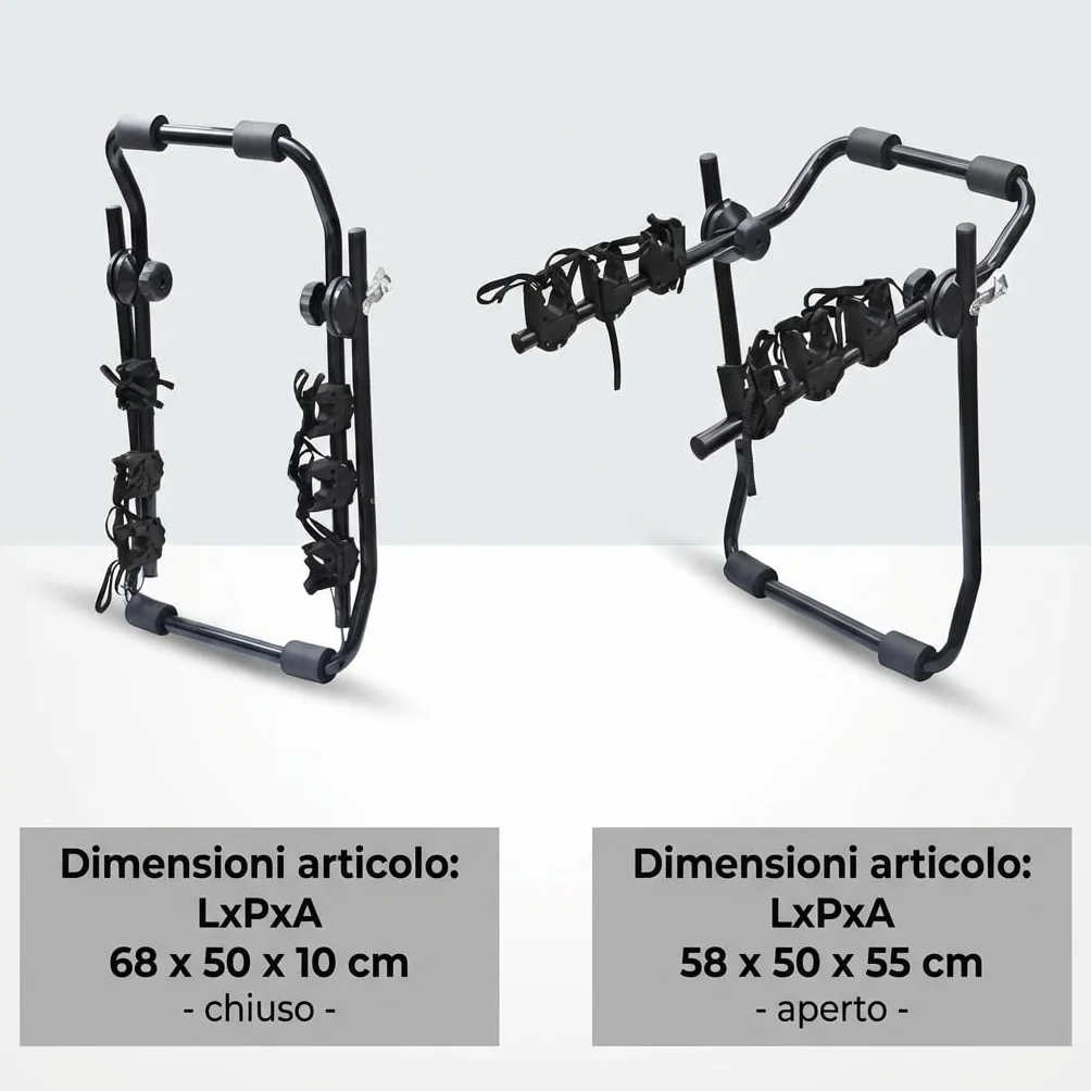Susy Shop Portabici Posteriore Universale per Auto, Capacità 3 Biciclette, 40 kg, Pieghevole, Acciaio con Fasce in Nylon e Ganci