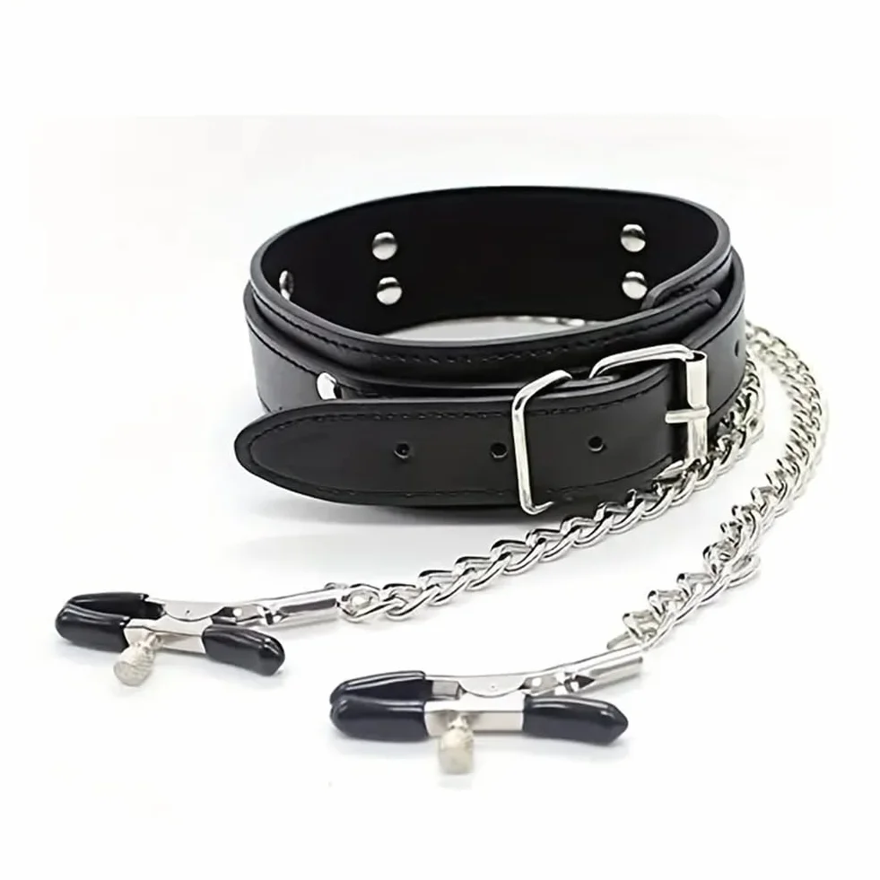 Collare a catena e clip in pelle PU per adulti