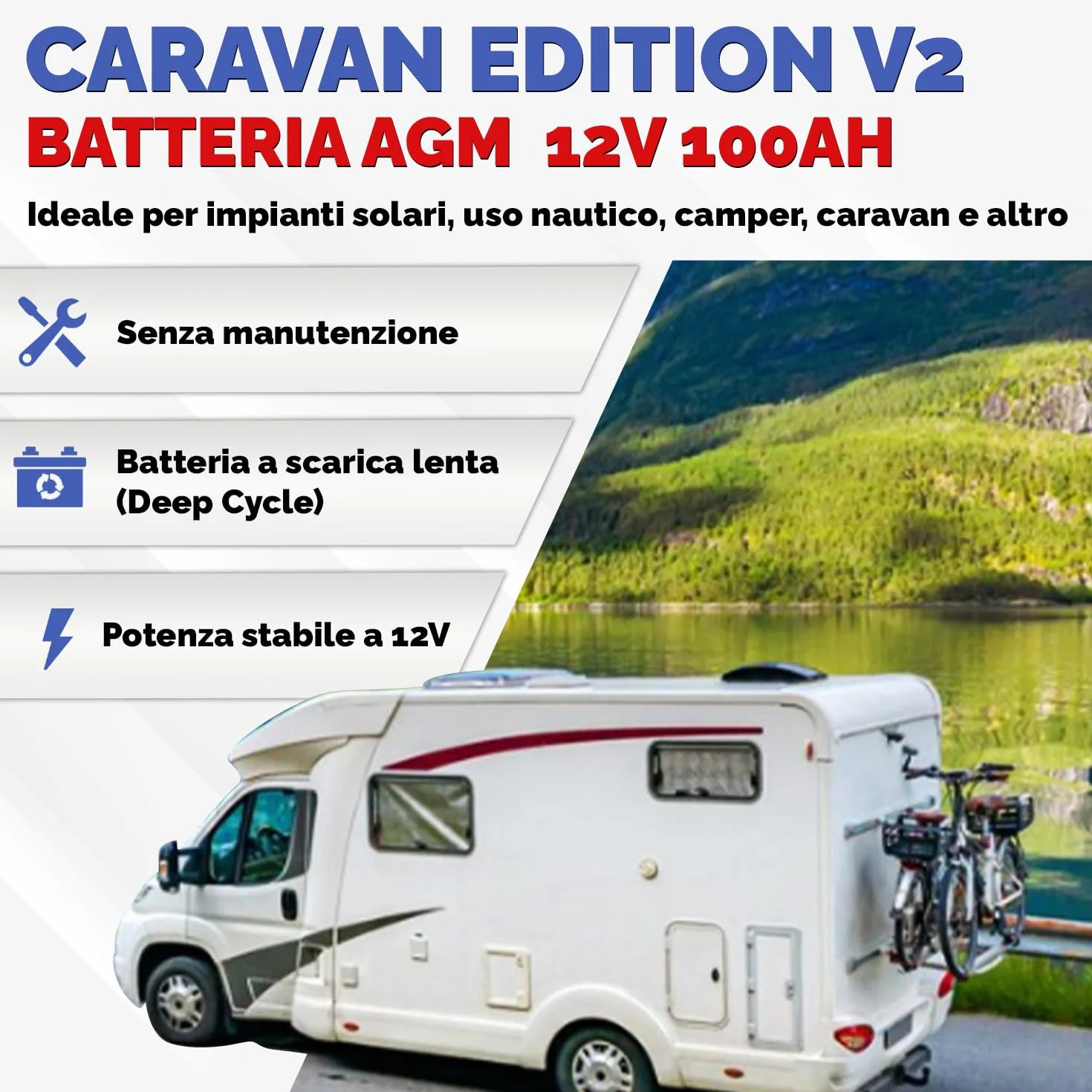 Batteria AGM Caravan 12V 100Ah deep cycle sigillata 278x175x190mm