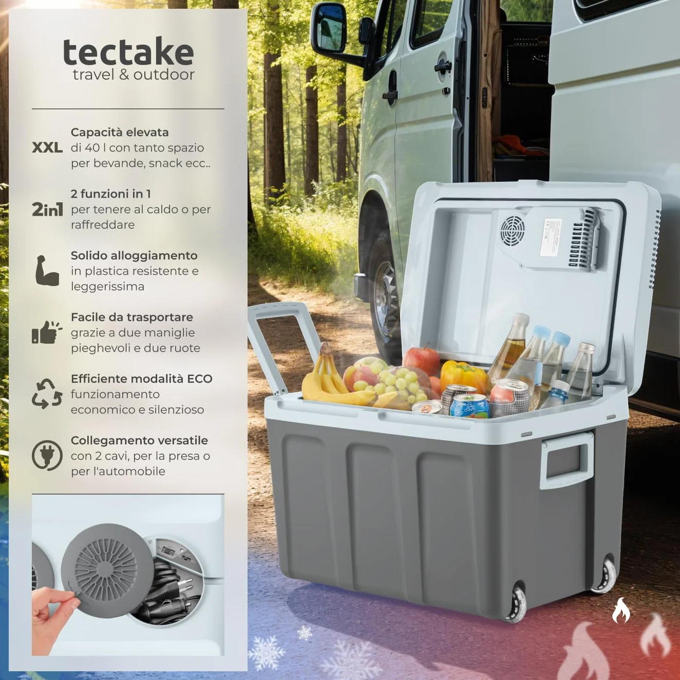 TecTake® Frigorifero Portatile e Scaldavivande 2 in 1, Mini Frigo con Modalità ECO da Campeggio con Maniglie Pieghevoli e Ruote, Portatile Elettrico Ideale per Casa e Auto - 40L