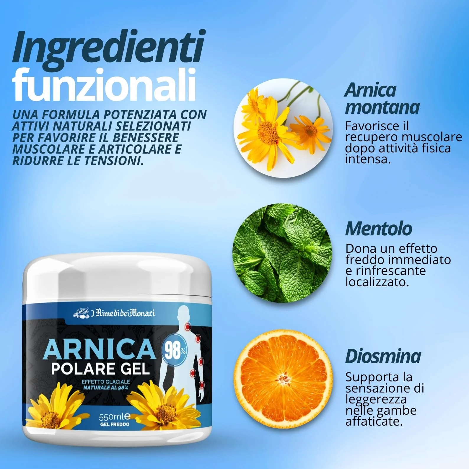 Gel Arnica Effetto Freddo Glaciale 550ml Gambe Effetto Ghiaccio con Mentolo Mirtillo Diosmina Menta Sollievo Muscoli Affaticati Made In Italy