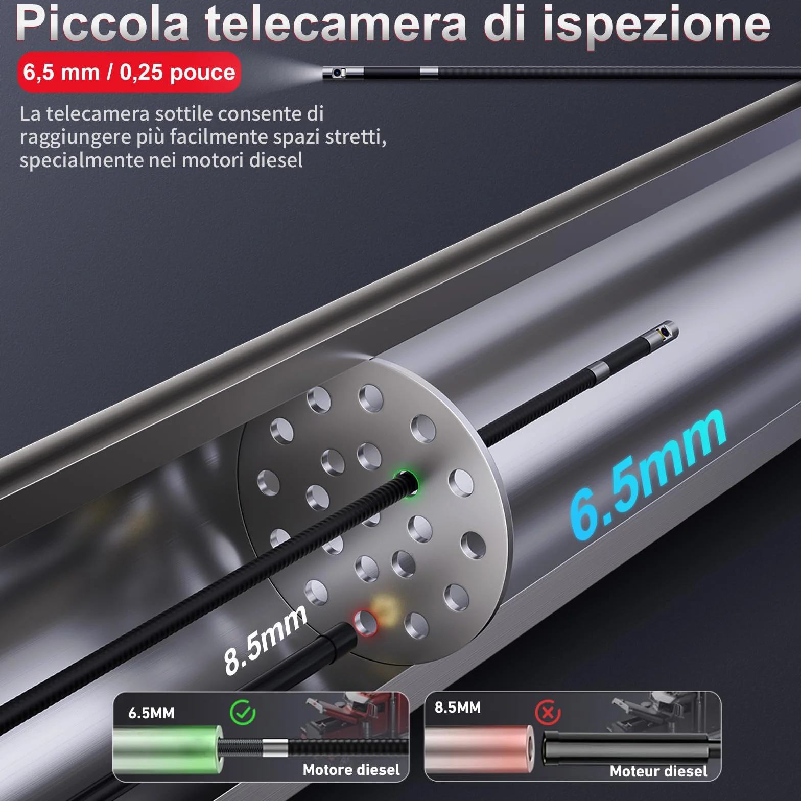 Ralcam Telecamera Endoscopica Borescopio Doppio 6,5 mm Testa Mobile 180° Schermo HD IPS 5" Impermeabile IP67 Cavo Semirigido 1,5 m