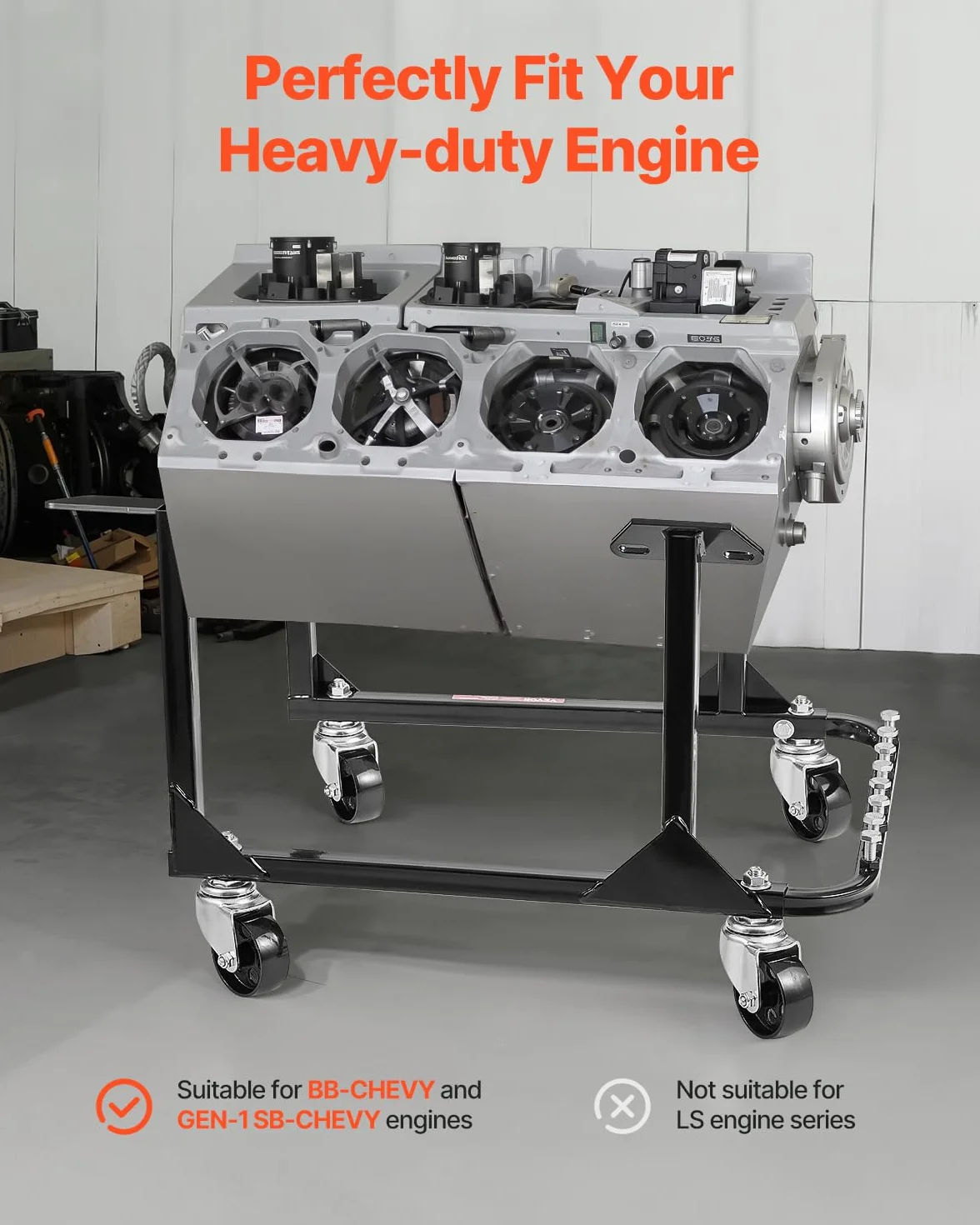 VEVOR Supporto Motore a U, Sollevatore Motore 340 kg, Supporto in Acciaio con 4 Ruote Girevoli e 4 Posizioni di Aggancio per Motori BB-Chevy e Gen-1 SB-Chevy