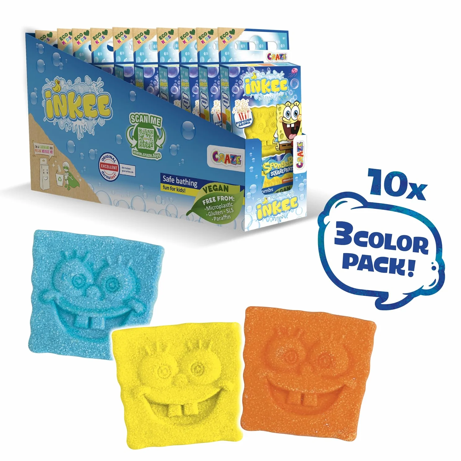 SpongeBob INKEE Mini Pack 10 set 3 bombe da bagno per bambini con forma personaggio aroma popcorn