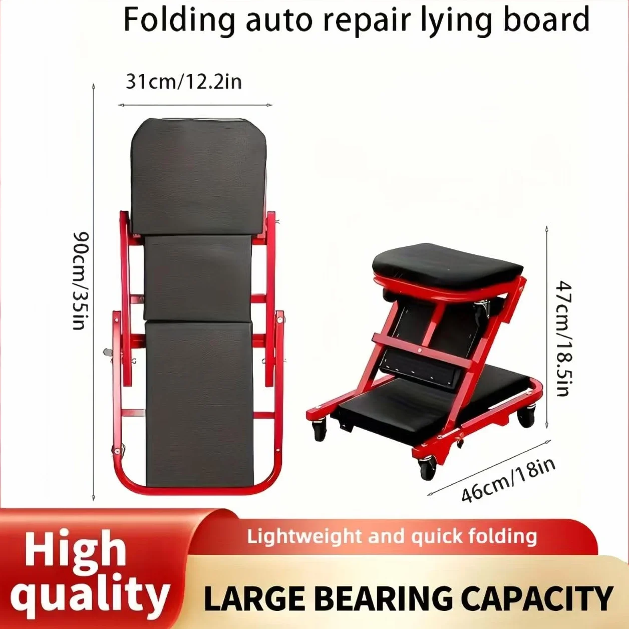 Carrello Meccanico 2 in 1 Pieghevole con Ruote – Lettino Sottoscocca e Sedile Officina, Acciaio, Altezza Regolabile, Portata Elevata