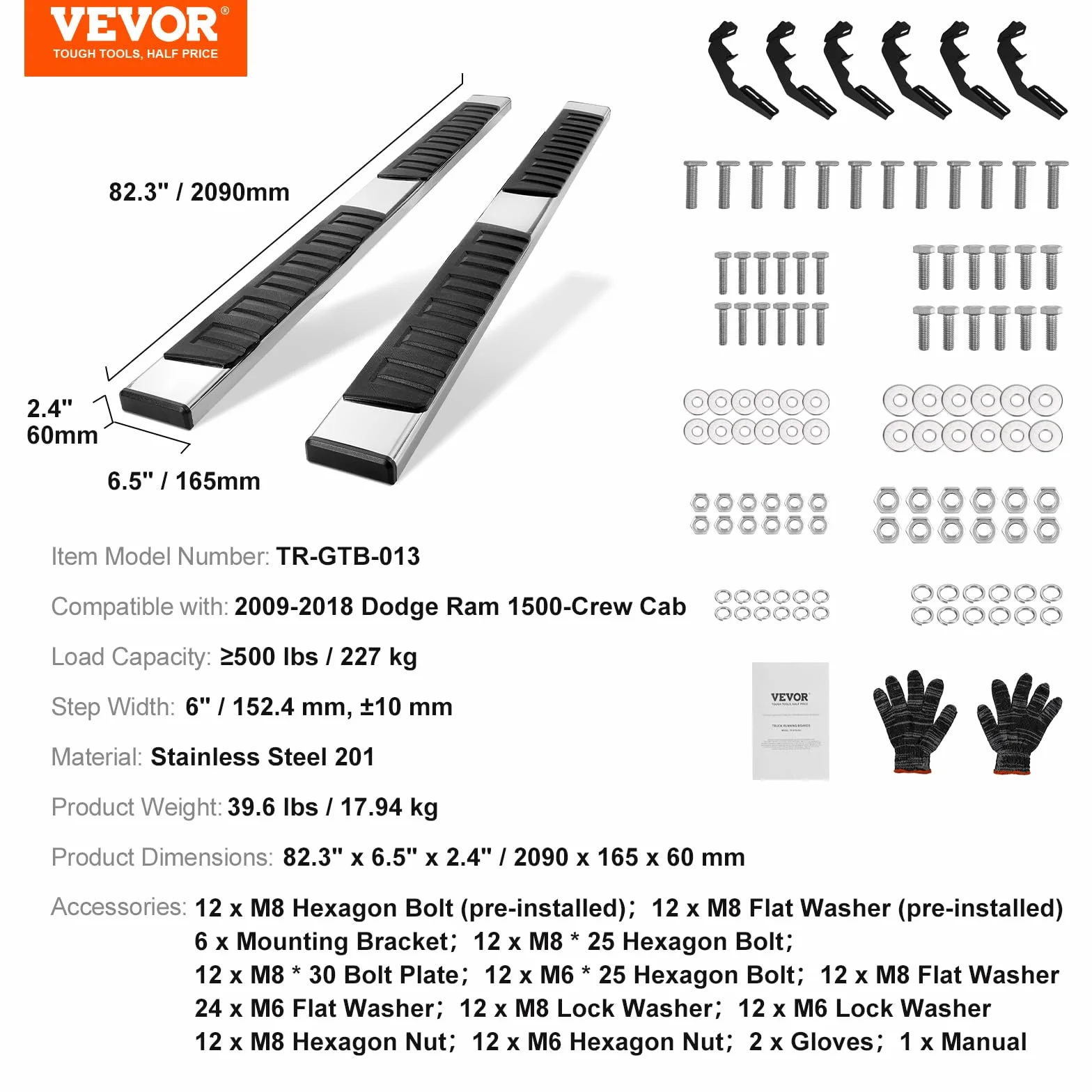 VEVOR 2 pedane da 6,5" compatibili con 1500/2010-2023 Ram 2500/3500 2009-2018 (incluso 2019-2023 Classic), 201 barre laterali in acciaio inossidabile, capacità di carico 500 libbre