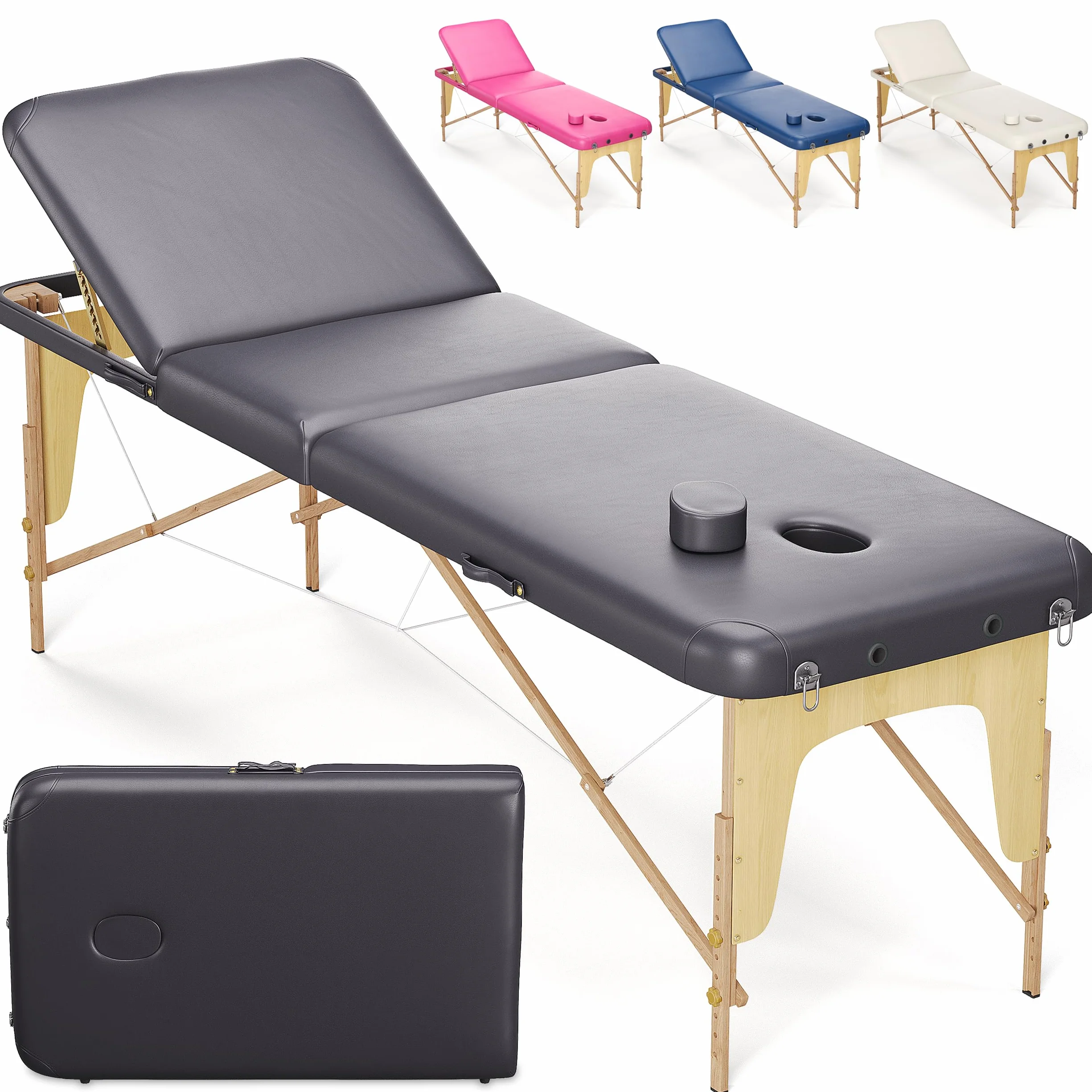 Beltom Lettino da Massaggio 3 Zone in Legno 185x60 cm Portatile 14,3 kg Nero