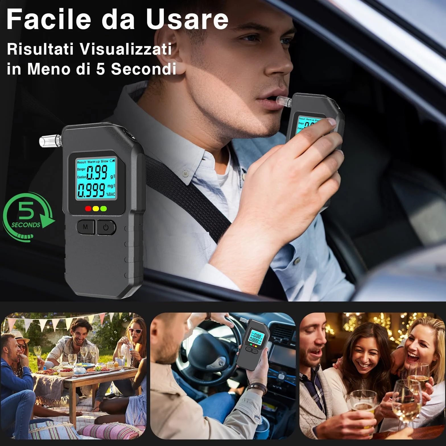Etilometro Portatile Certificato Professionale Digitale con Display LED 20 Bocchette