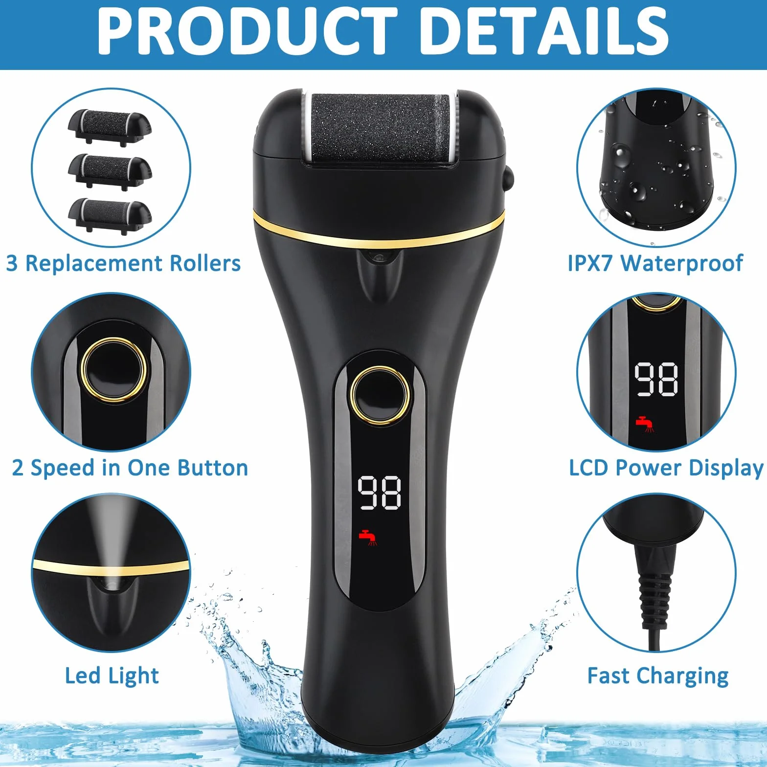 Pedicure Elettrico 18-in-1 Calli Piedi Rimozione Kit Ricaricabile con 3 Rulli