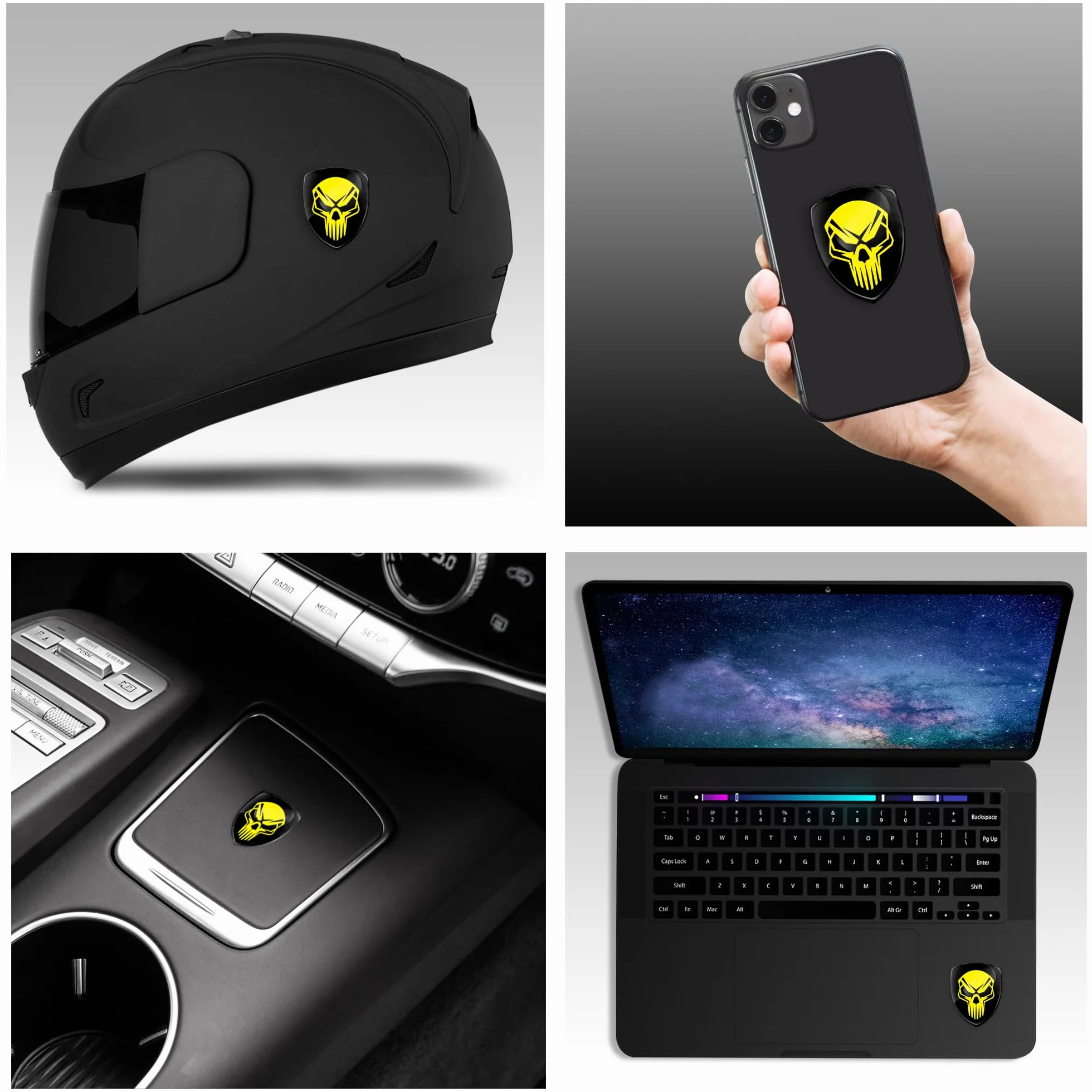 Biomar Labs 2 adesivi in gel 3D in silicone, per auto, moto, bicicletta, colore nero/giallo, teschio KS 48