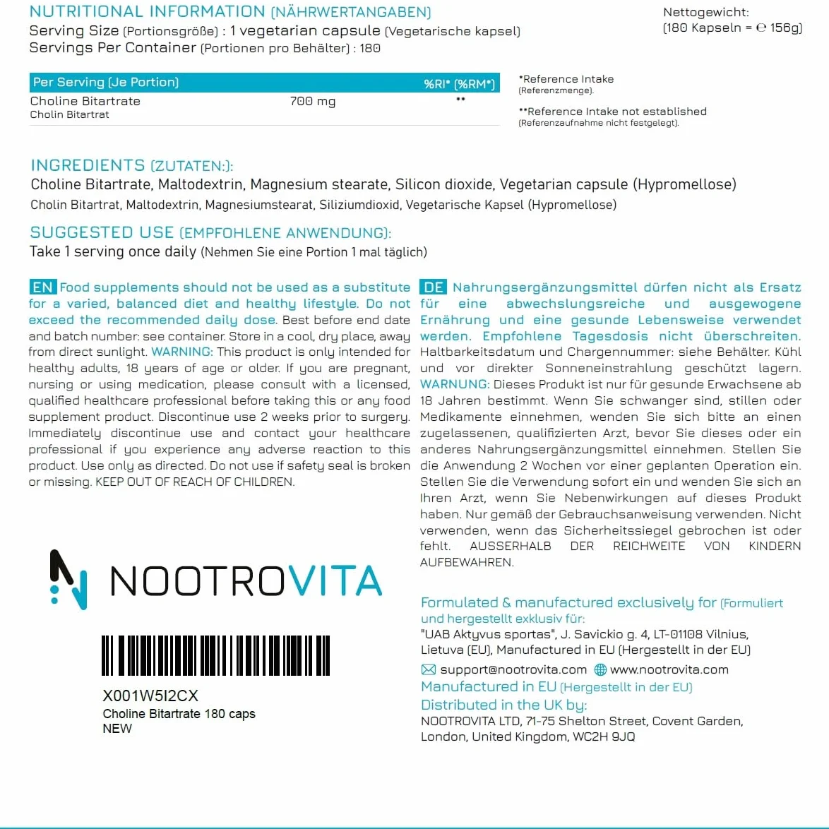 Colina Integratore 700 mg 180 Capsule Vegane Busta Richiudibile Colina Bitartrato Alta Forza Supporta Fegato Metabolismo Grassi Memoria Concentrazione