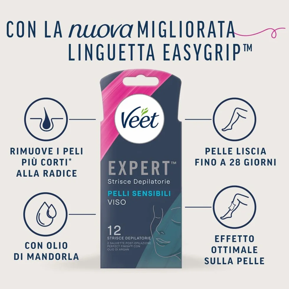 Veet Expert Strisce Depilatorie Viso Pelli Sensibili Olio di Mandorla 36 Strisce + 6 Salviette Post-Epilazione