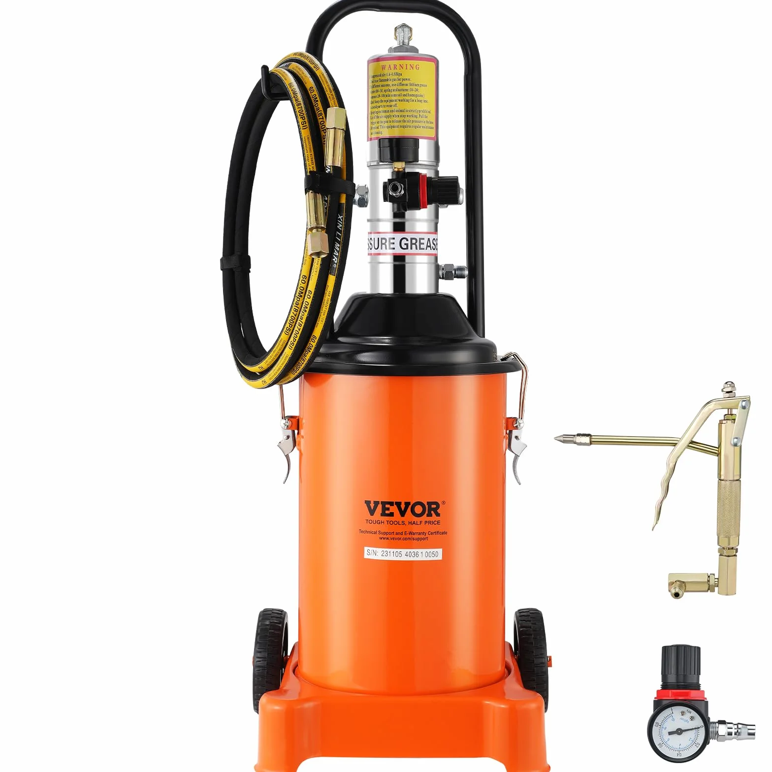 VEVOR Pompa per Grasso Pneumatica Rapporto Pressione 50:1 Pompa per Secchio per Grasso Pneumatica 12 Litri Pistola per Grasso Pompa Grasso Portatile Ruote Tubo 4m Ugello a 360° Raccordo NPT Standard