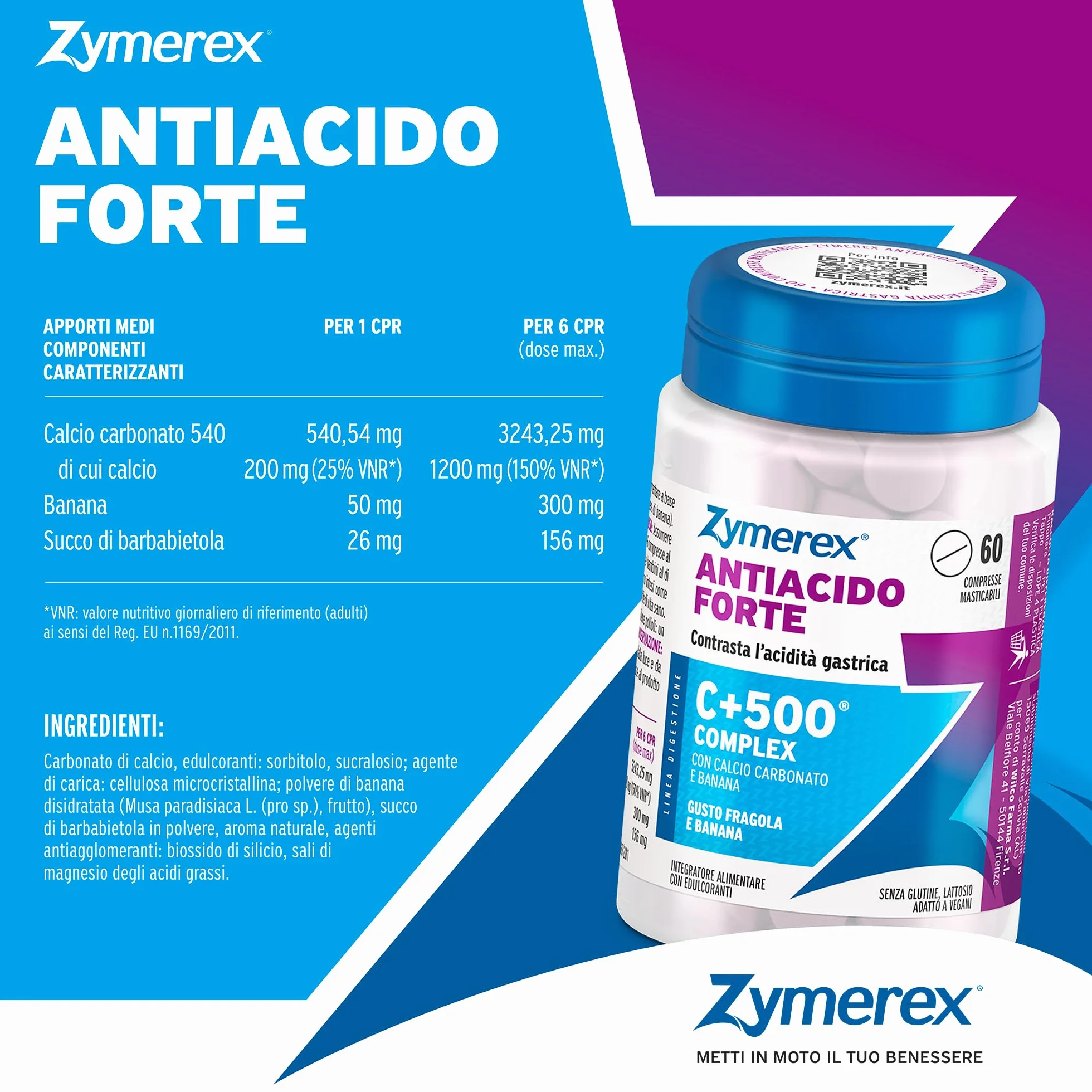 Zymerex ANTIACIDO FORTE 60 compresse masticabili | Contrasta acidità gastrica | Azione forte | Gusto fragola e banana | Senza glutine e lattosio | Adatto a vegani
