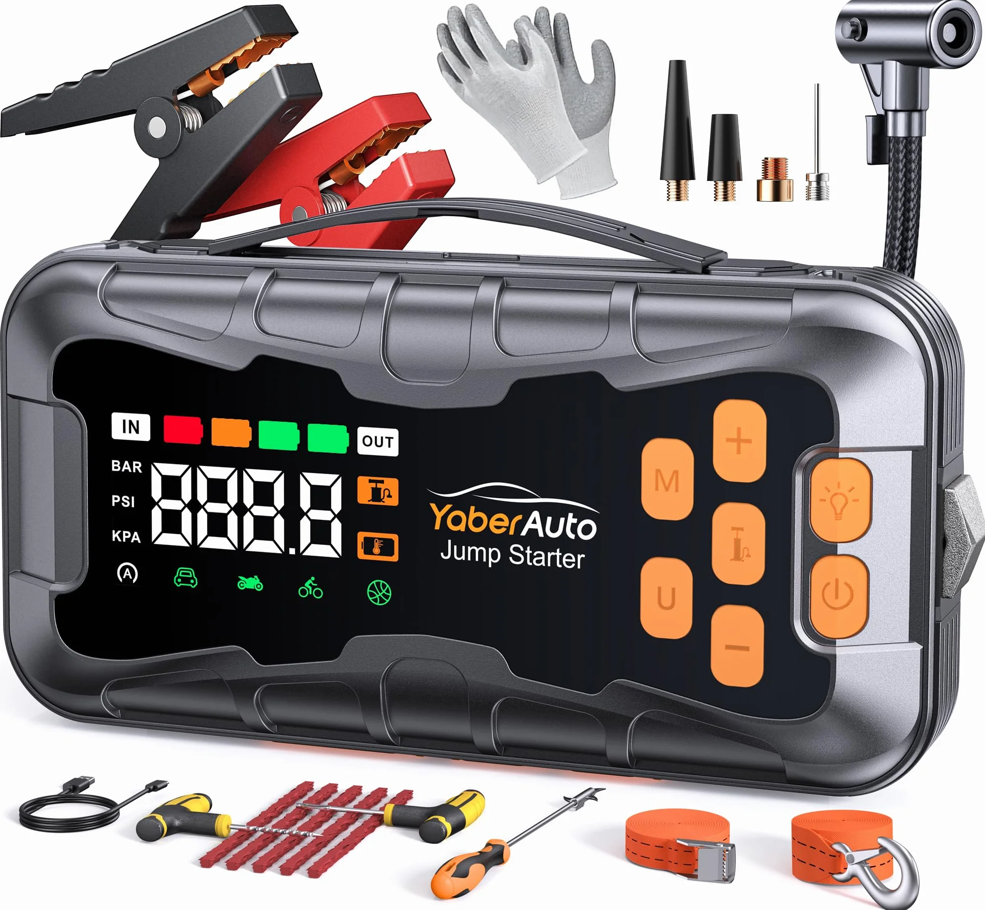 16-In-1 Avviatore Batteria Auto con Compressore 160PSI 8000A 27000mAh, Tutto Gas/14.0L Diesel Avviatore Emergenza per Auto/Moto 12V, YaberAuto Booster Avviamento Portatile Starter Batteria