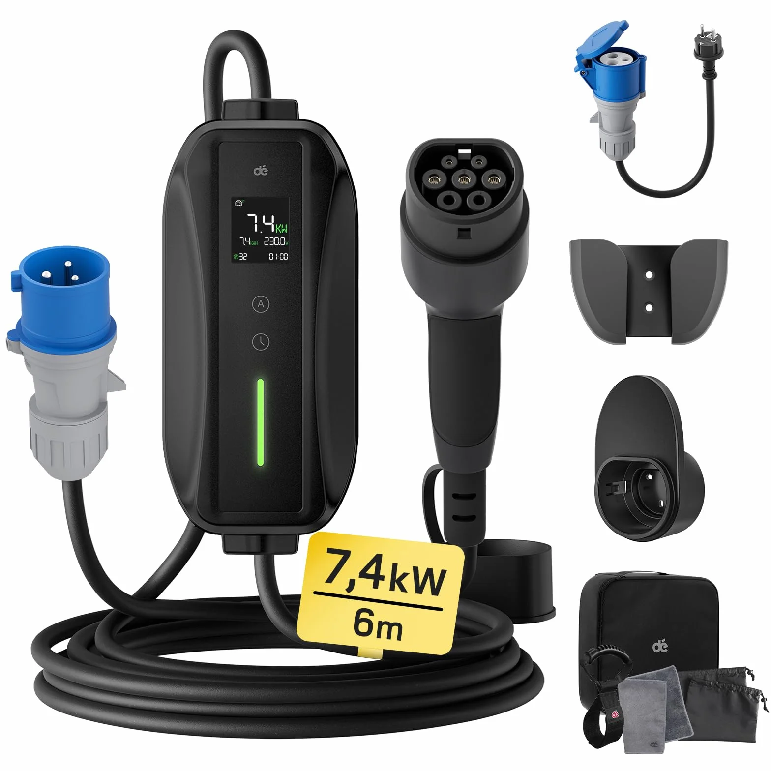 Cavo Ricarica Auto Elettrica Tipo 2 CEE 7,4kW 6m 6-32A Caricatore EV con Adattatore Schuko Compatibile Model Y/3