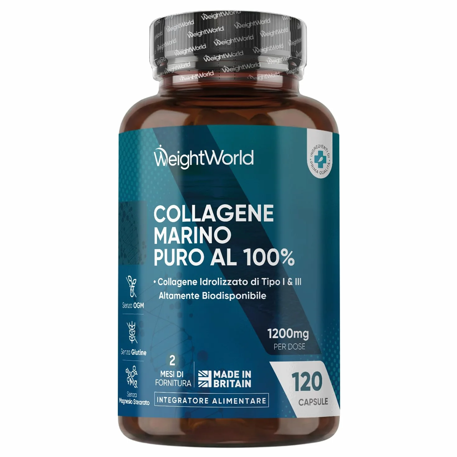 Collagene Marino Idrolizzato 1200mg 120 Capsule Tipo 1 e 3 2 Mesi di Scorta