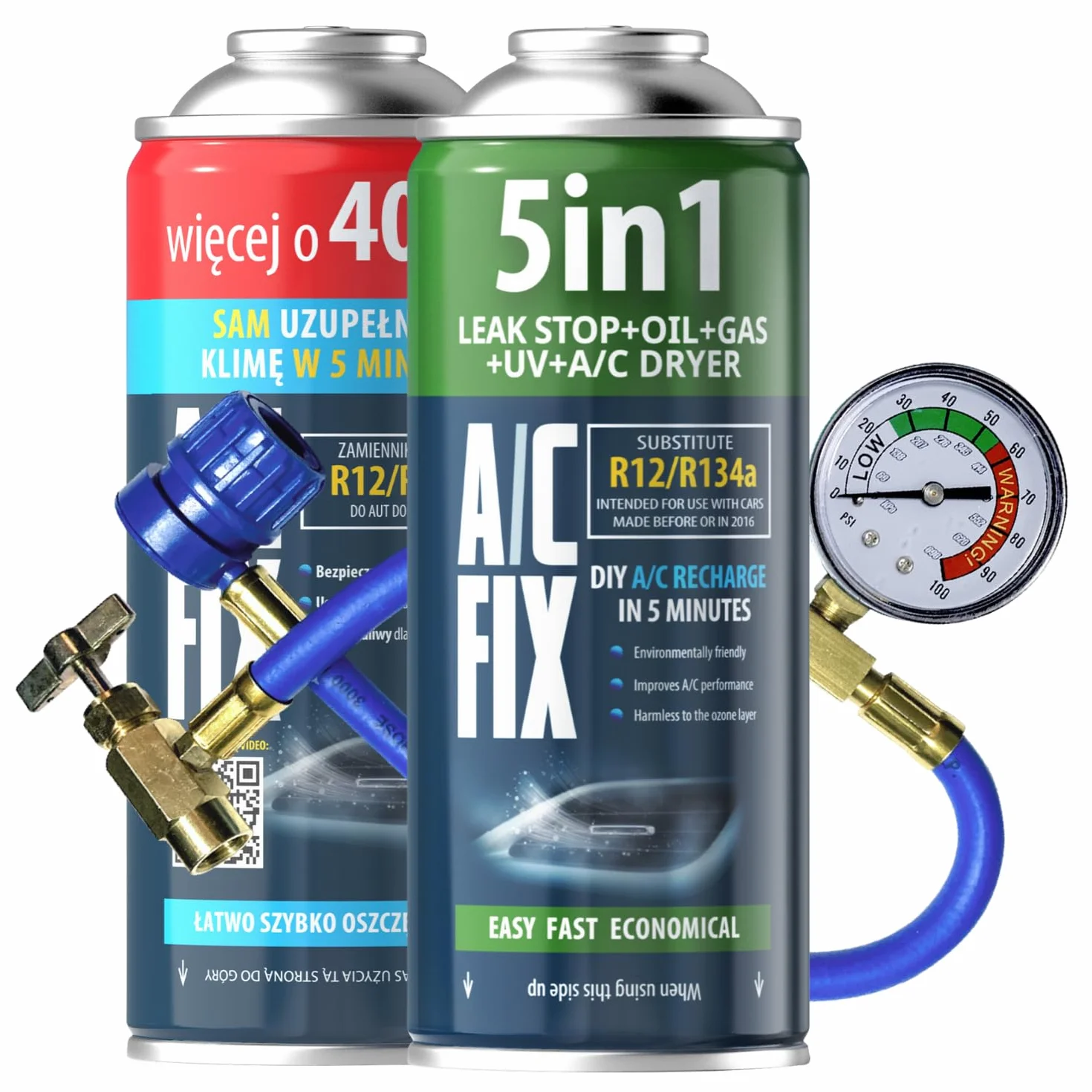 AC FIX 5-in-1 R134a XL Refrigerante per climatizzatori auto 470g con olio sigillante colorante UV essiccante