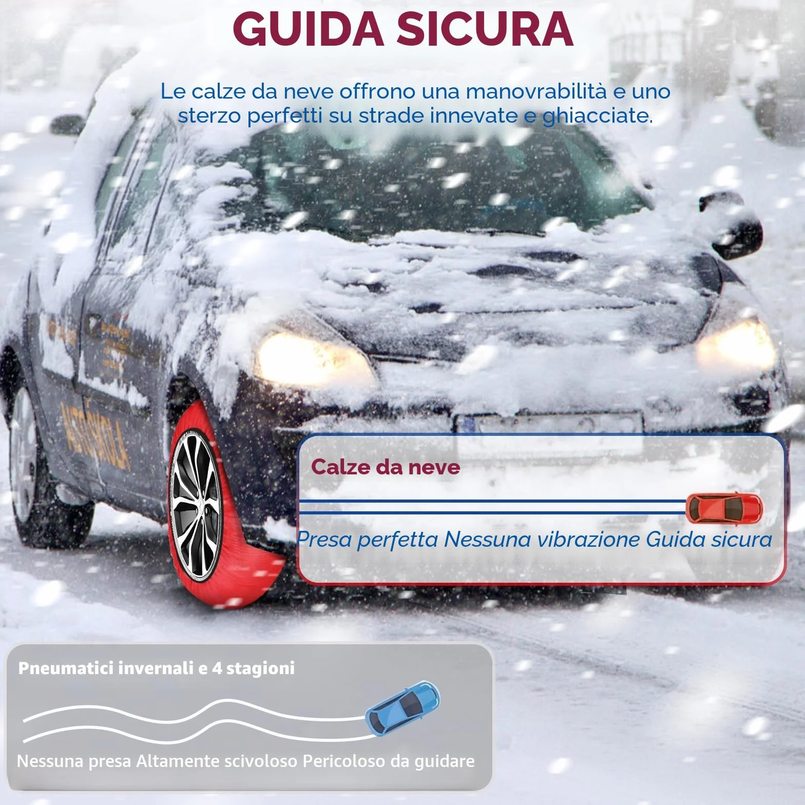 SWAWIS Catze da Neve Omologate EN 16662-1 Catene da Neve in Tessuto Taglia XL per R14 - R22 Auto Universali, 1 Coppia Rosso