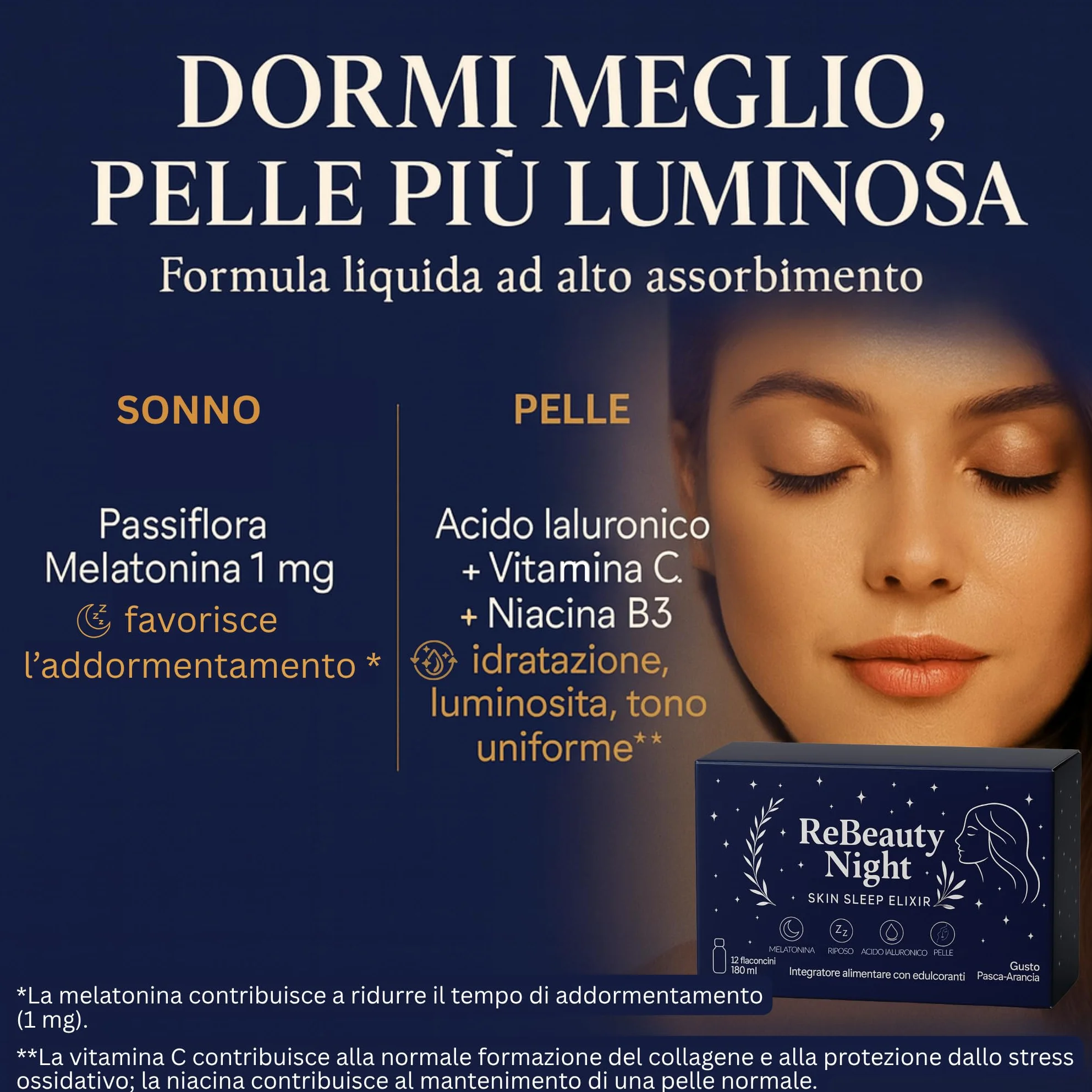 ReBeauty Night Trattamento Anti-Età Sonno Profondo Antirughe Integratore Notte con Acido Ialuronico Melatonina Vitamine 12 Flaconcini 15ml