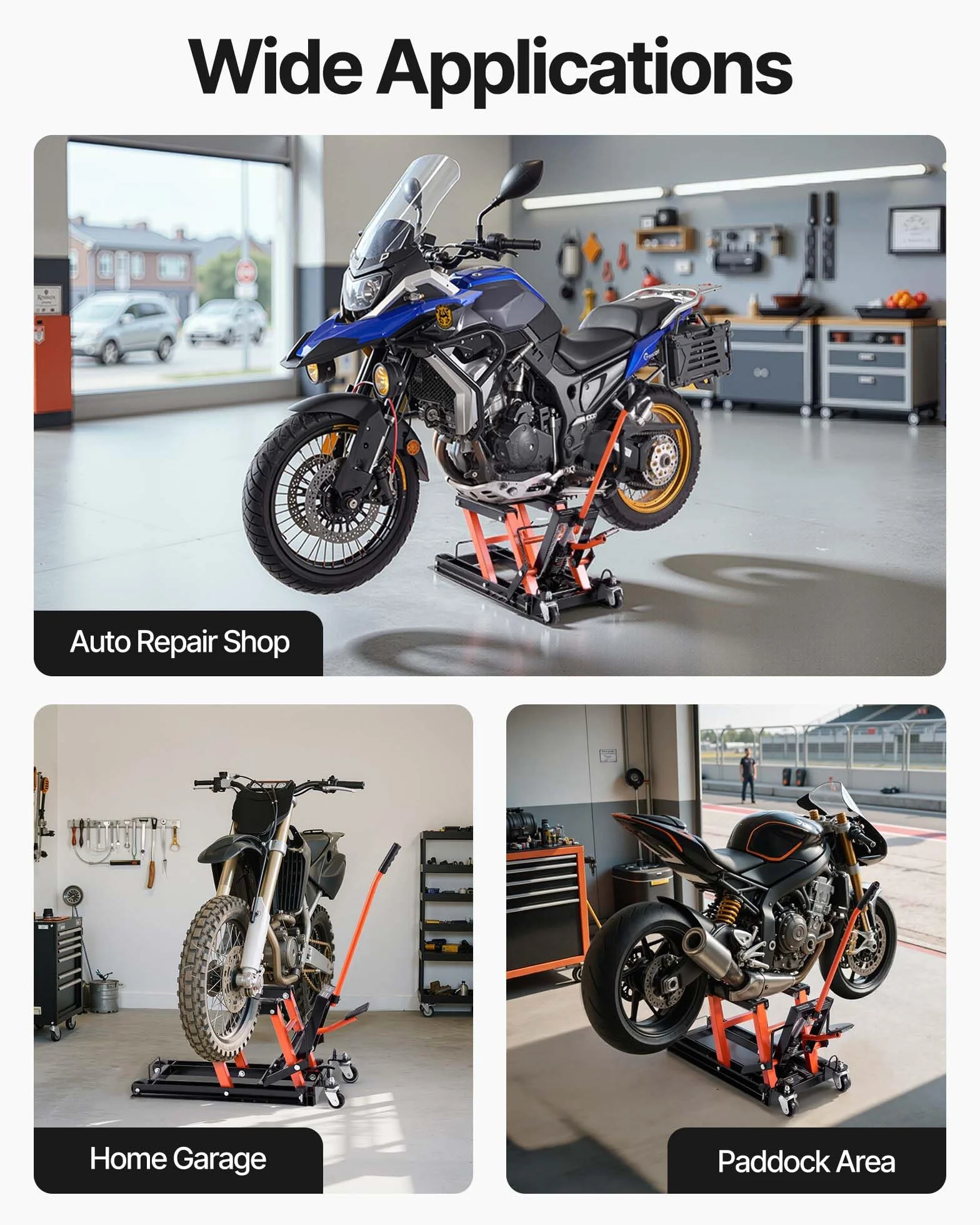 VEVOR Sollevatore Idraulico Moto Bici ATV da Officina 700kg Altezza Regolabile 12-38,5cm con Ruote