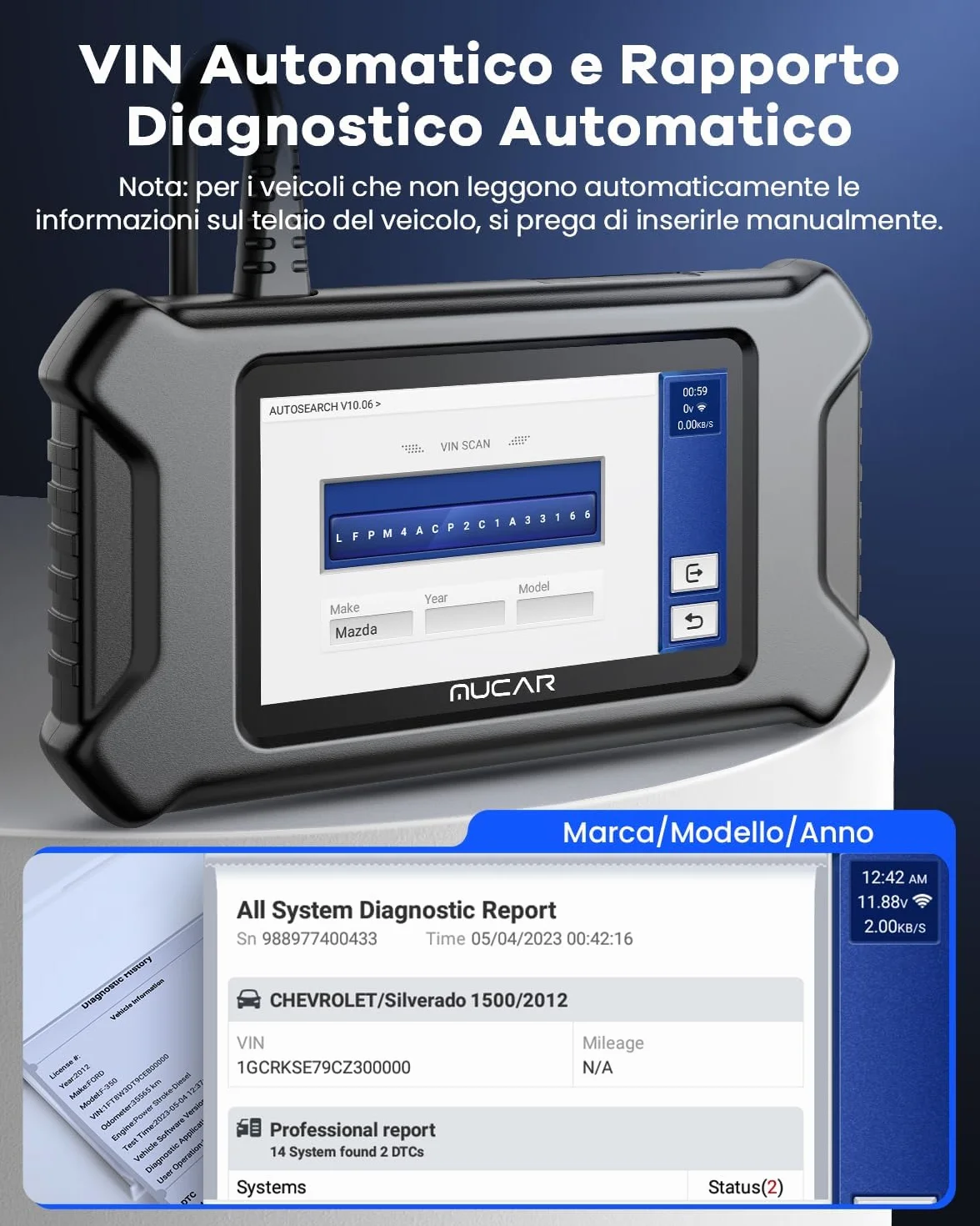 mucar CS5 OBD2 Professionale Diagnosi Auto 5 Sistemi Motore ABS SRS Trasmissione BCM WiFi