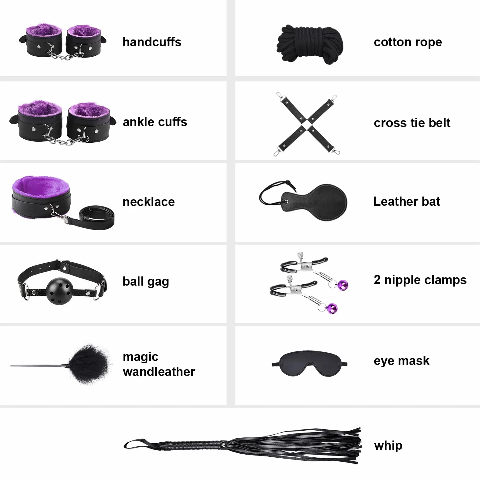 Set Bondage 11 Pezzi Sex Toys SM Sex Restraint per Coppie, Manette Caviglia Morsetti Capezzoli Viola