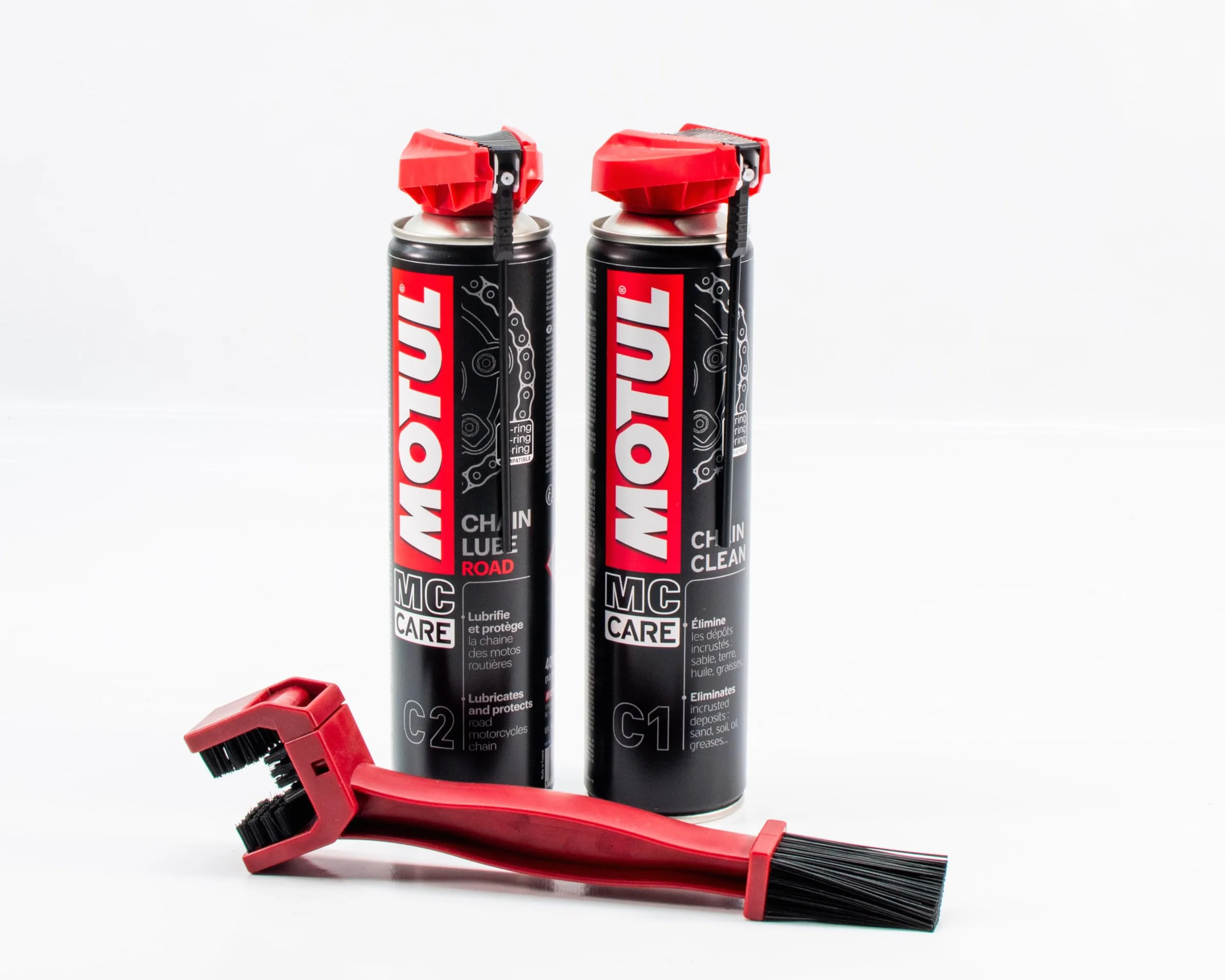 Gazoobike Confezione di manutenzione catena moto MC Care, detergente C1 400 ml + lubrificante C2 400 ml con spazzola di pulizia, kit completo per catena di moto