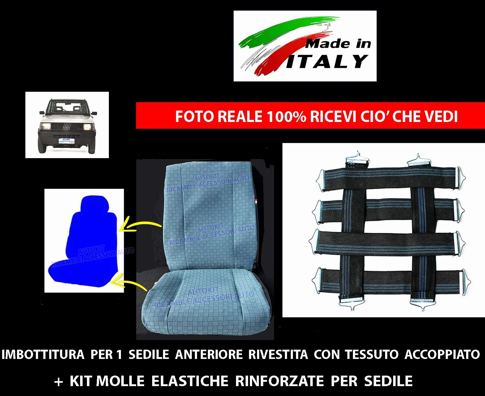 Sedile Panda 141 Prodotte dal 1986>2003 Imbottitura in Poliuretano Flessibile Completo Schienale - Seduta Rivestita in Tessuto Accoppiato e Molle Rinforzate - 20125-20109- AK1525- AK339